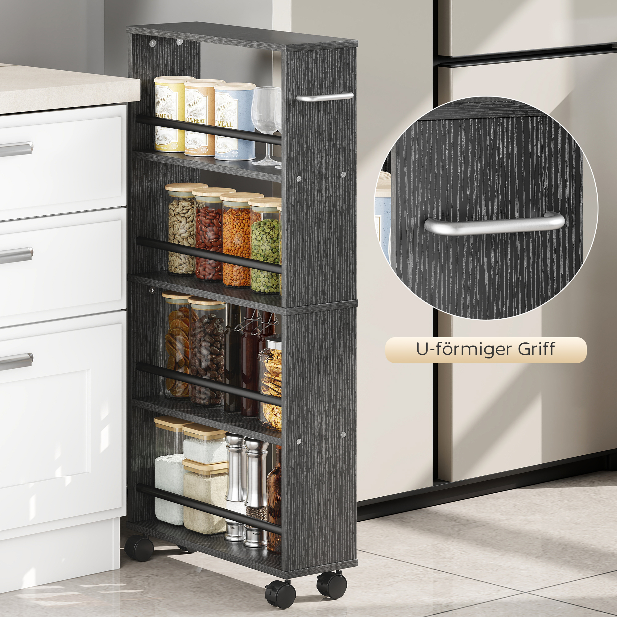 Multifunktionsregal mit Rollen, schmale Bauweise, 4 Fächer, 45x15x91 cm, Schwarz