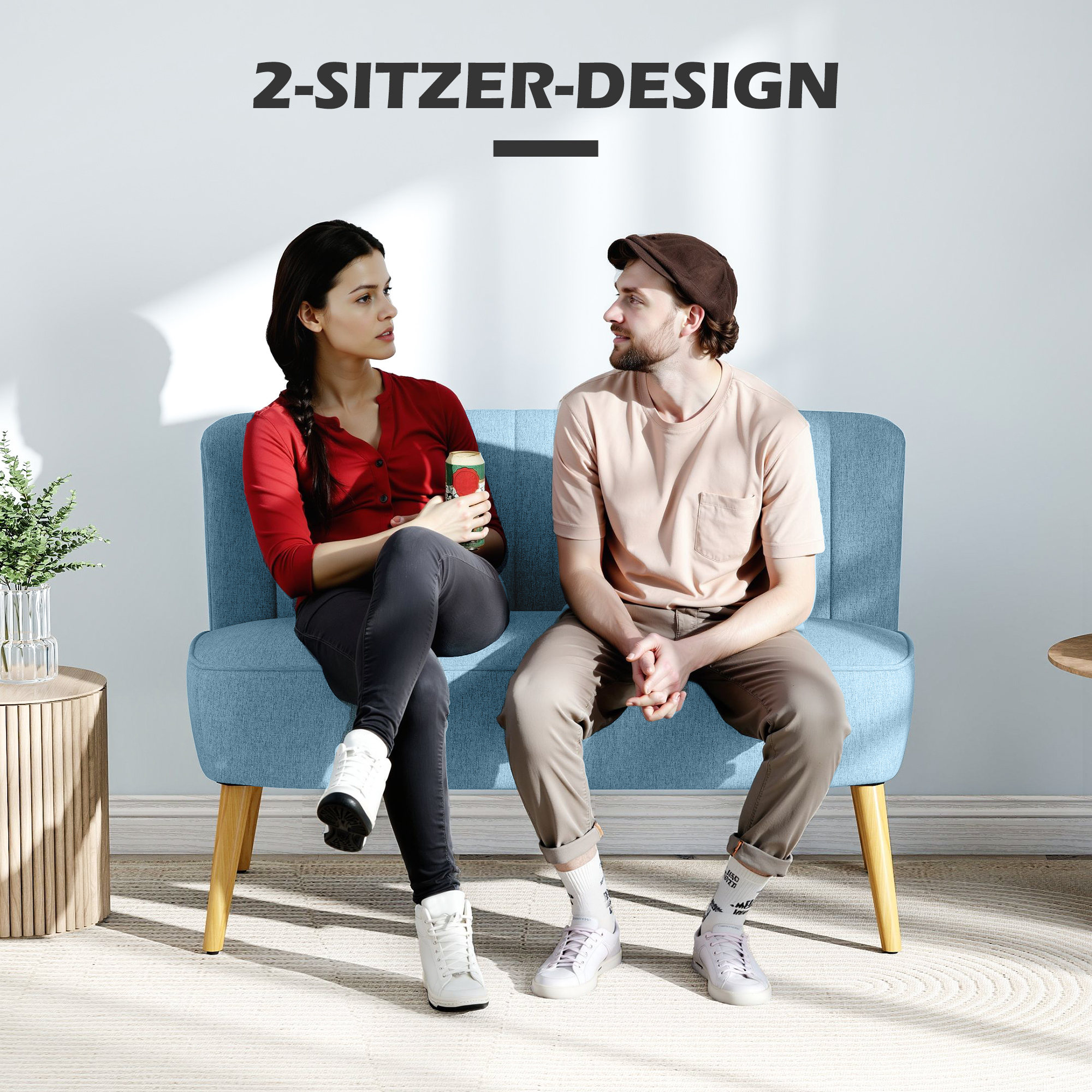 2-Sitzer Sofa im Retro-Look, weiche Polsterung, pflegeleichter Bezug, bis 150 kg, 117 x 56,5 x 77 cm, Blau