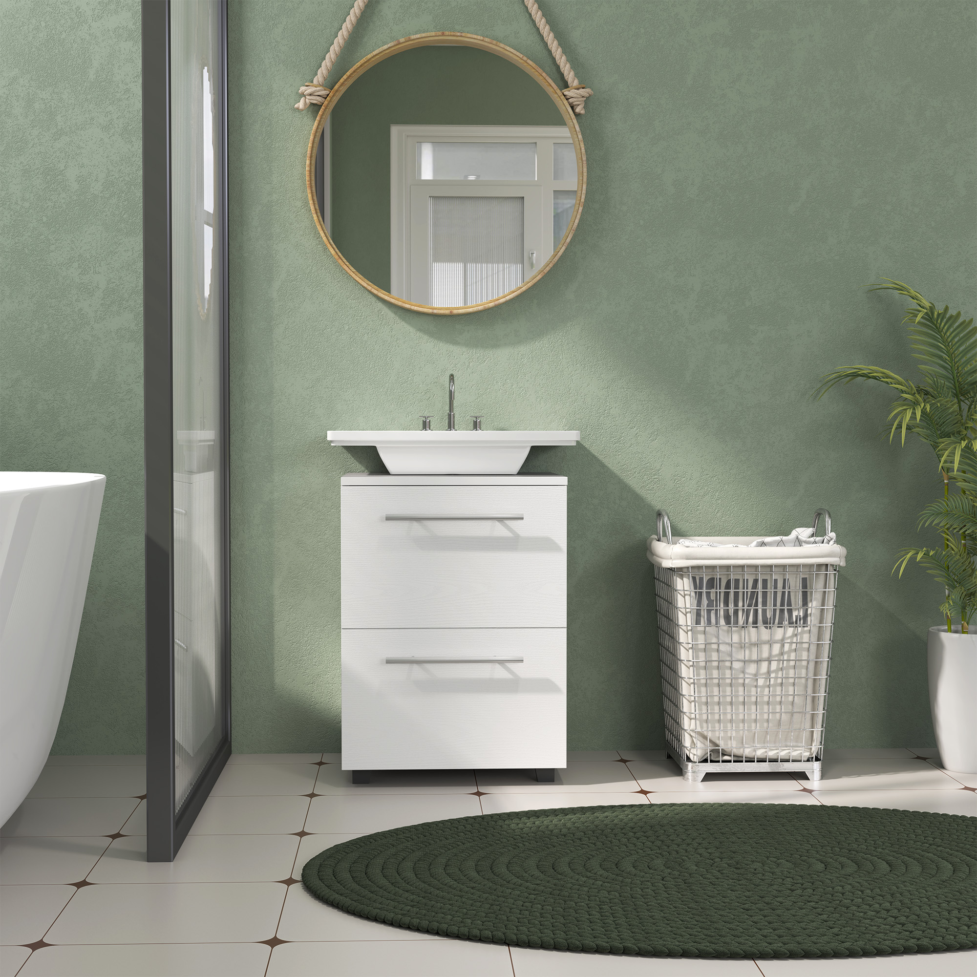 Badezimmerschrank, Waschbecken-Kommode mit Schublade, kompakt, Spanplatte, Weiß