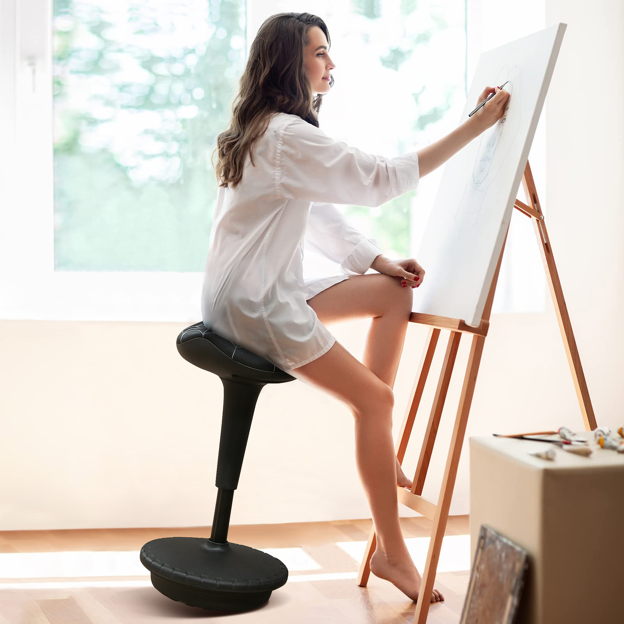 Bürohocker mit Schwenkfunktion, ergonomischer Hocker, höhenverstellbar 65,5-83,5 cm 120° neigbar Schwarz