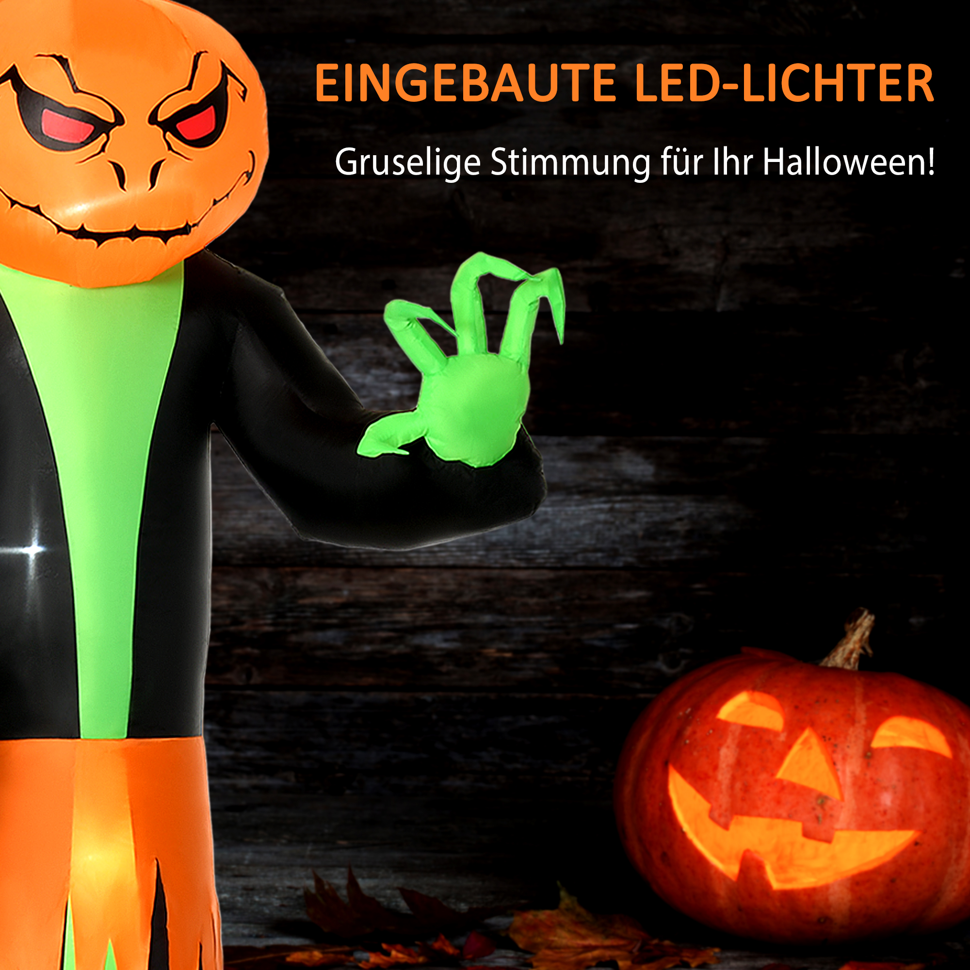 Halloweengeist mit LED-Lichtern, selbstaufblasend, inkl. Gebläse, 100 cm x 96 cm x 270 cm, Grün + Gelb + Schwarz