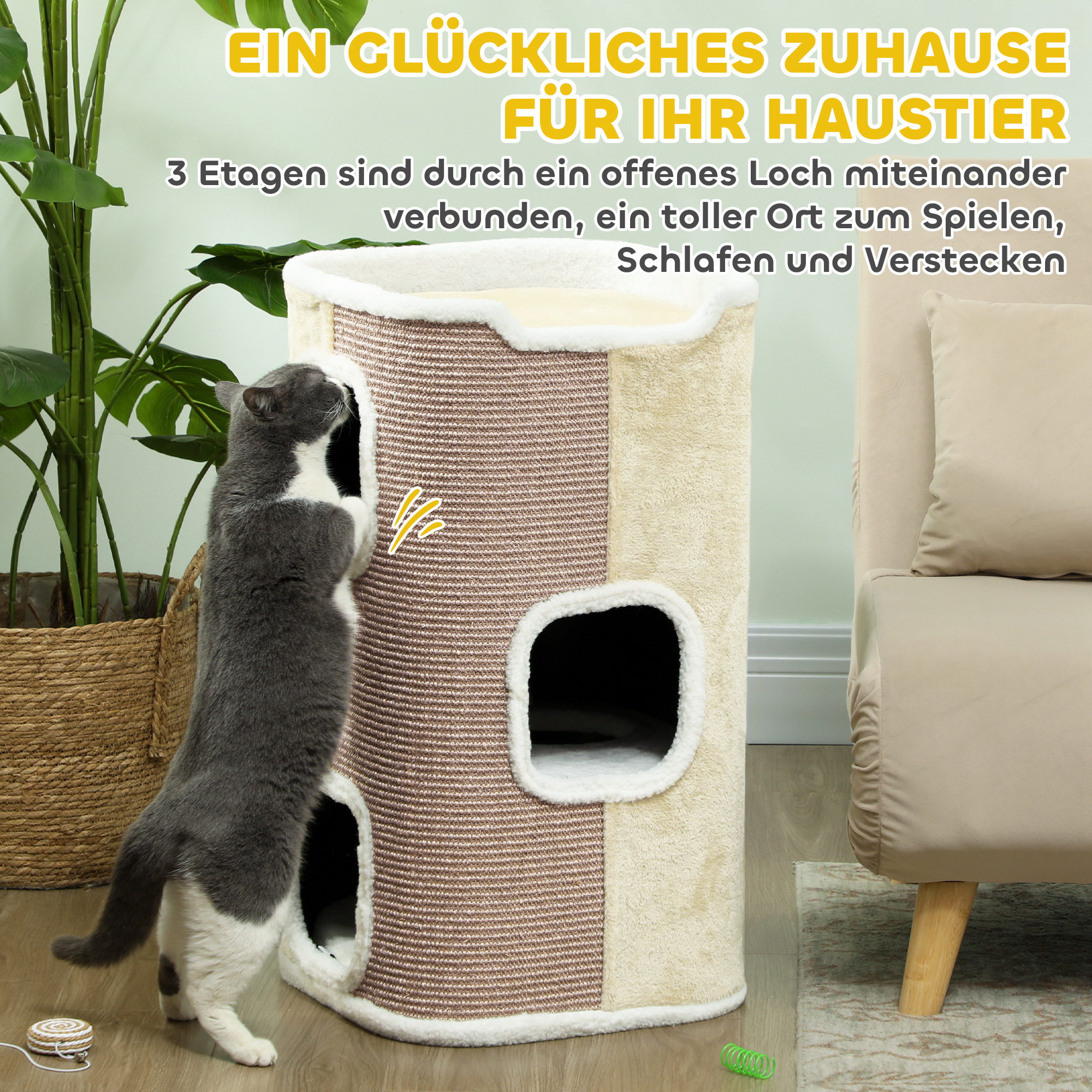 Kratztonne für Katzen, Katzenbaum, 3 Ebenen, robust, weicher Plüsch, Rückzugsort, Beige