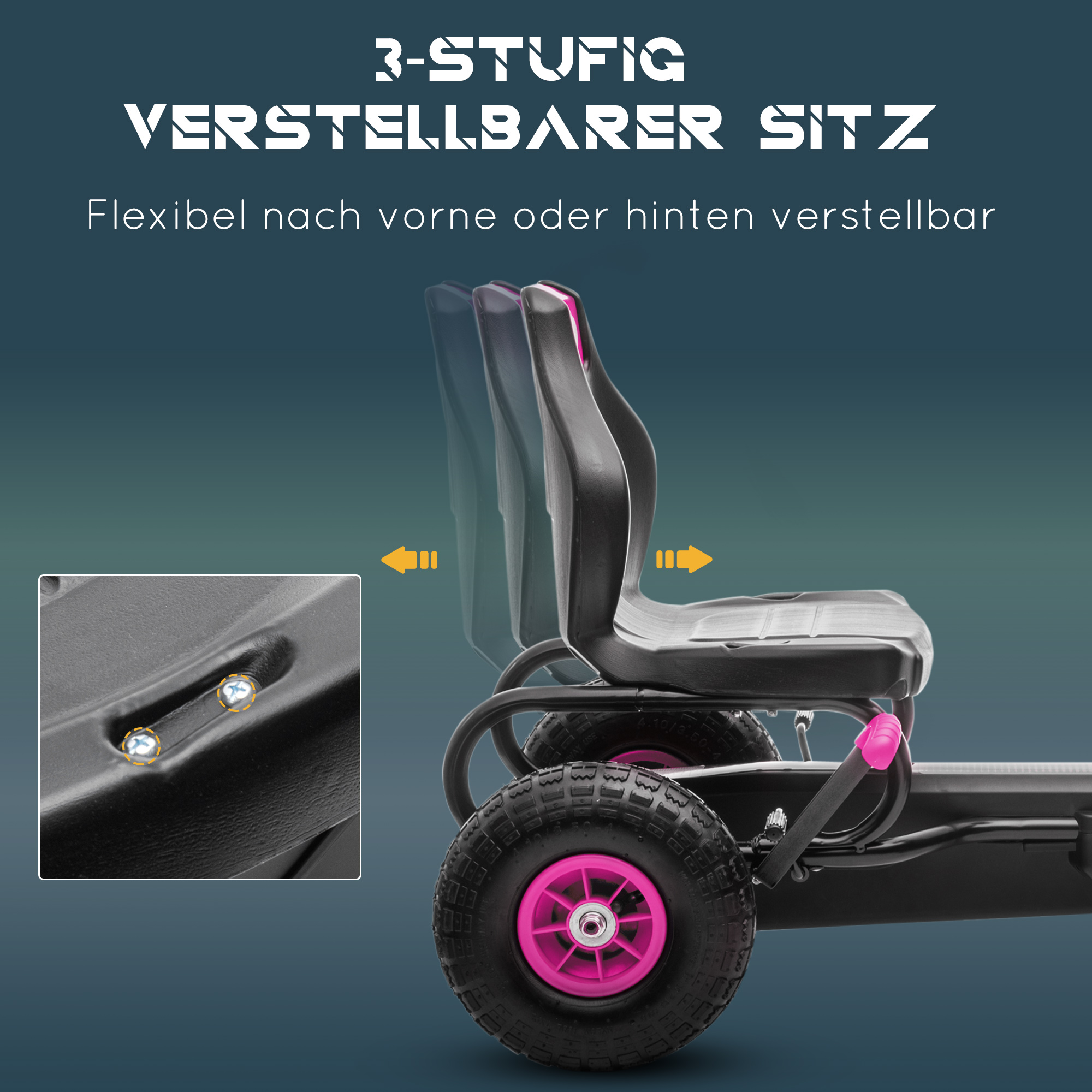Kinder-Gokart, mit Pedalen, verstellbarem Sitz, In- und Outdoor, ab 5 Jahren, Rosa+Schwarz, 121 x 58 x 61 cm