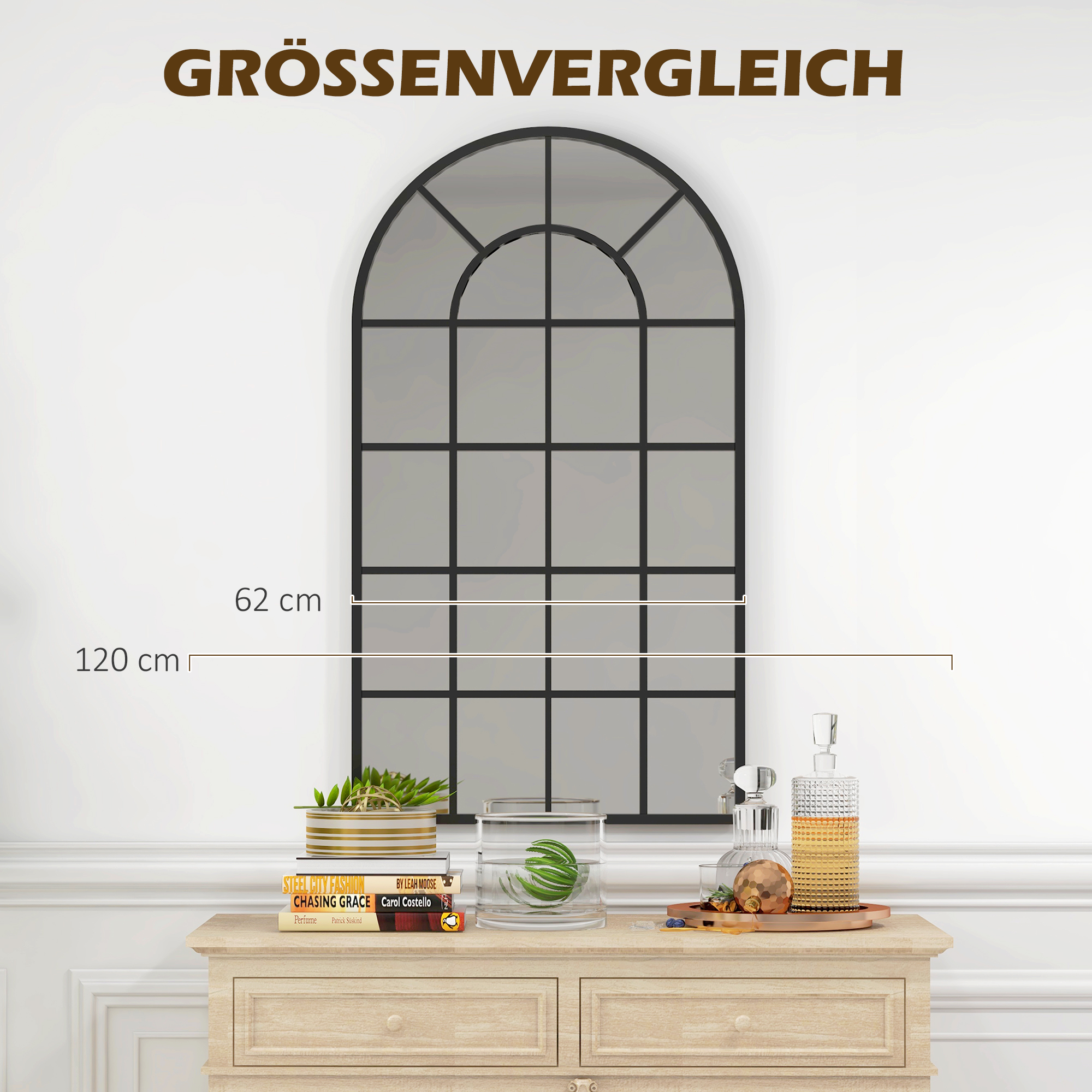 Dekospiegel großer Spiegel, Fensteroptik, Bogenförmig, inkl. Aufhängung. Schwarz + Spiegelglas
