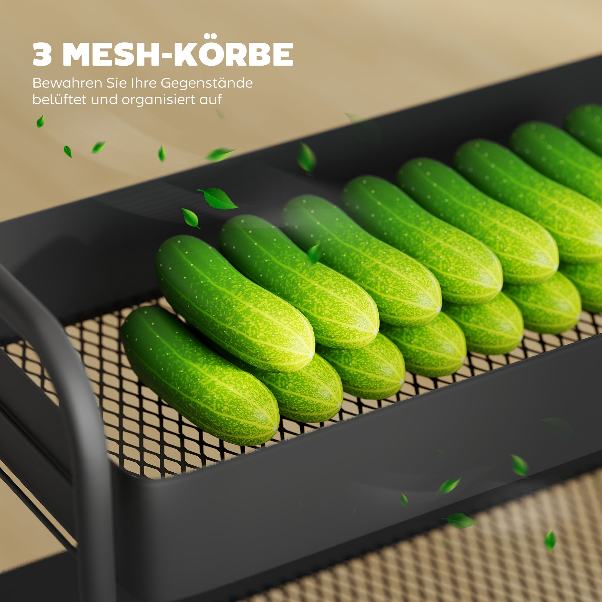 Küchenwagen, 3 Körbe, 4 Rollen, Metall, Schwarz