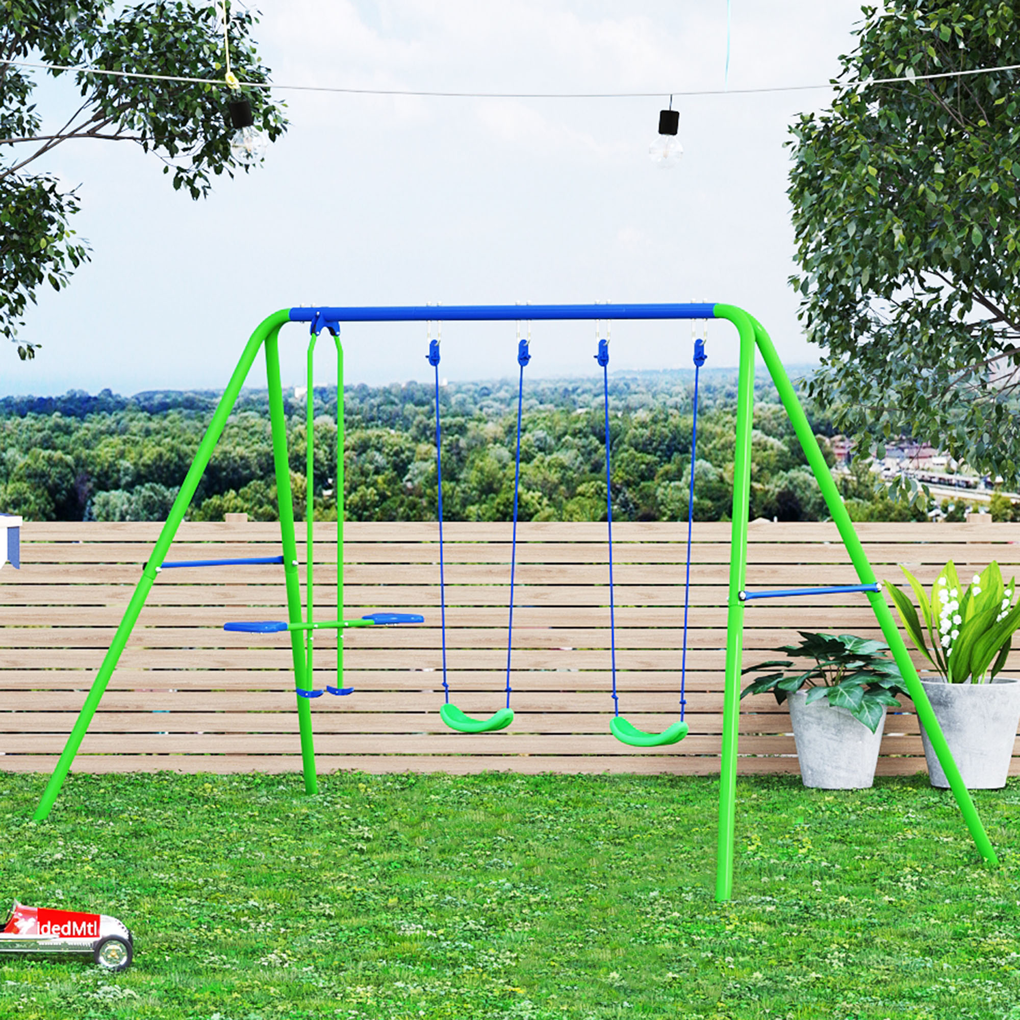 Schaukelgestell, Outdoor-Schaukelgerüst mit 2 Schaukeln, Wippe, Kinderschaukel mit Metallgestell, Grün