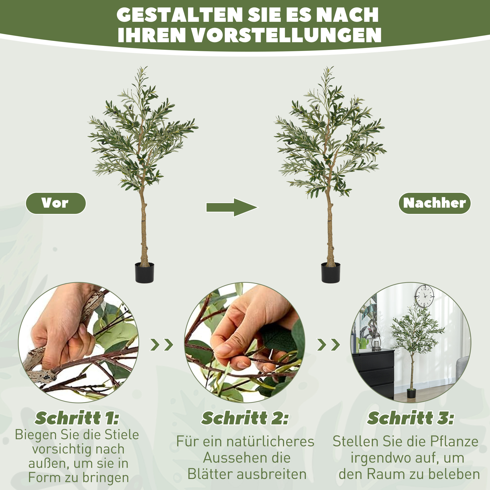 Kunstpflanze, Künstlicher Olivenbaum, 150 cm, 720 Blätter, 40 Oliven, stabiler Blumentopf, Dekorationspflanze, Grün