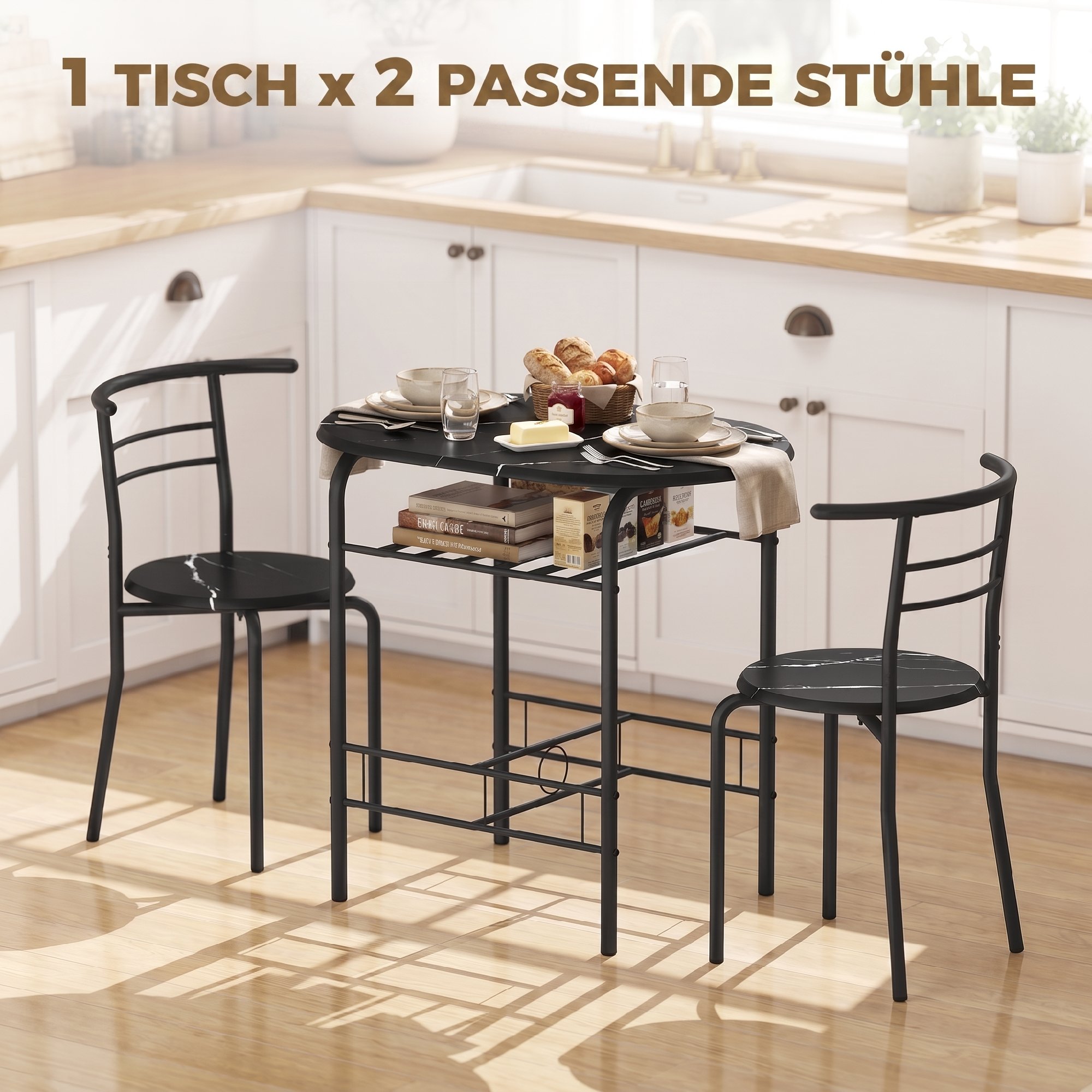 Essgruppe 3-teilig, Küchentisch und Stühle für 2 Personen mit Regal, Wohnzimmer, schwarze Marmor-Optik