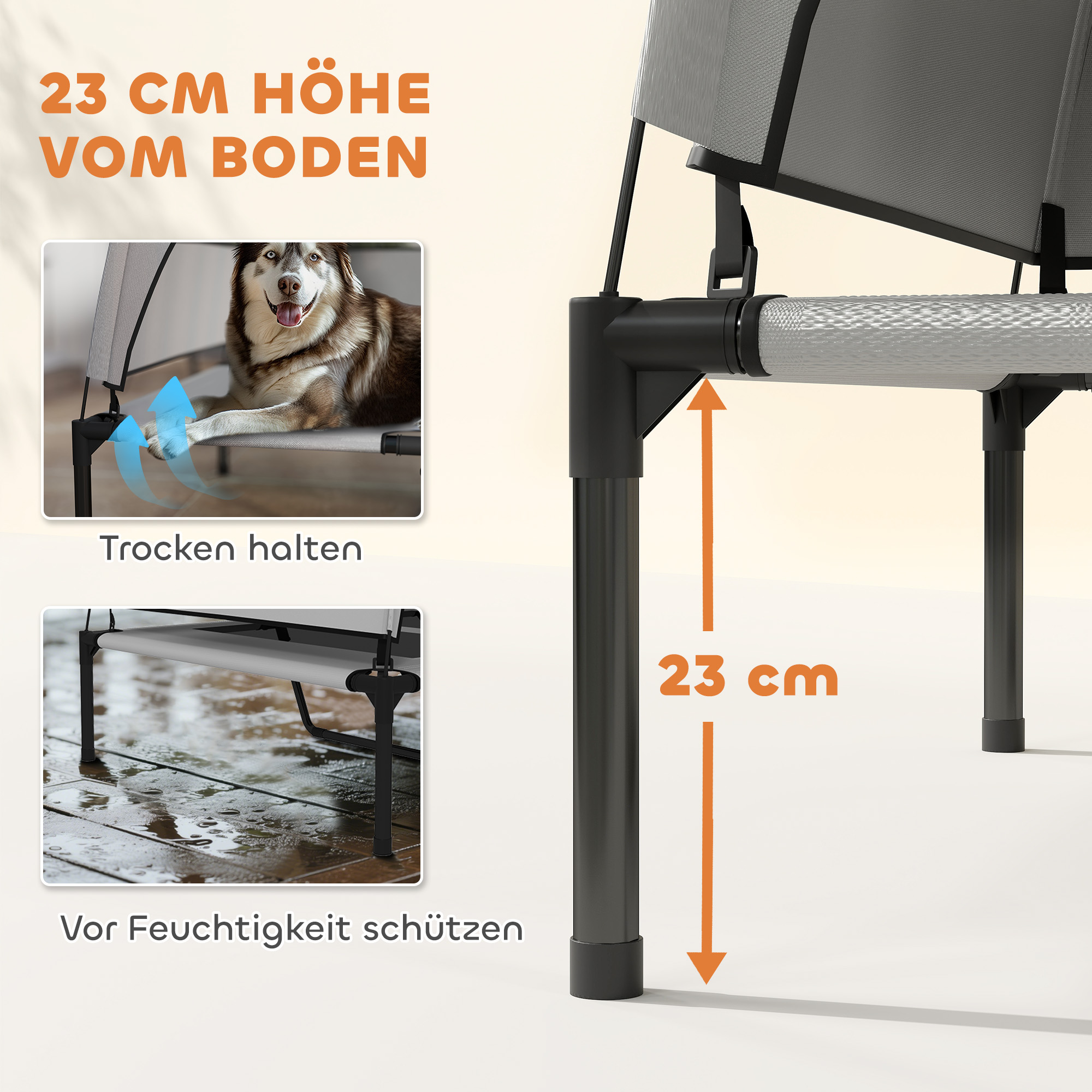 Hundeliege Outdoor mit Dach, Erhöhtes Hundebett für extra große Hunde, mit Stahlrahmen, 122x92x94cm, Hellgrau