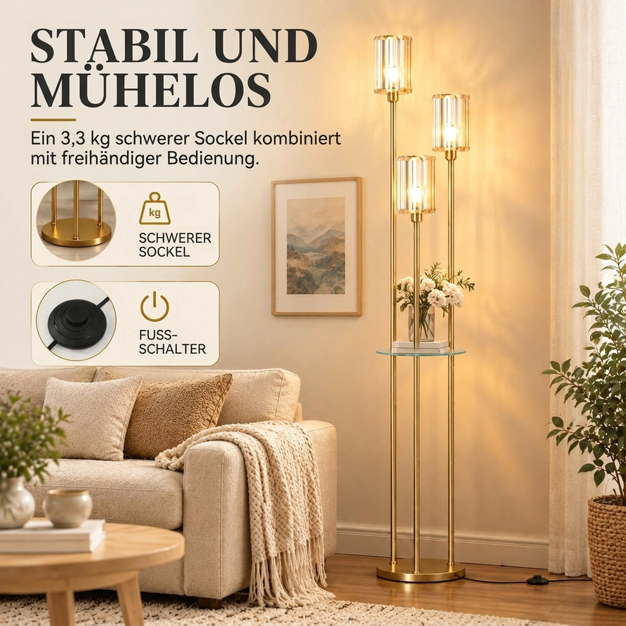 Stehlampe mit Regal mit 3-flammigen Glasschirmen Stehleuchte mit Glastisch 177 cm Gold