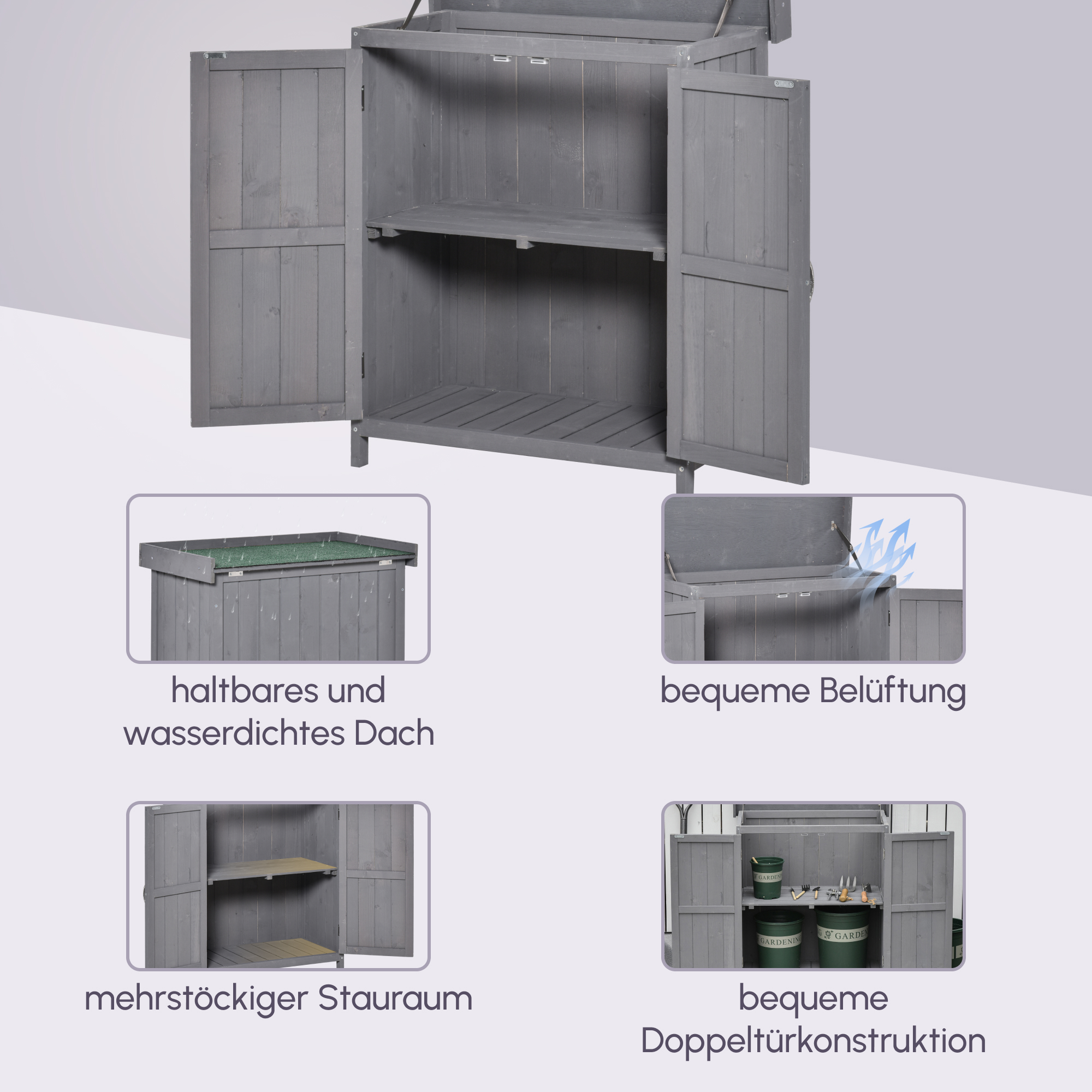 Geräteschrank, Doppeltür, Klappdeckel, 2 Regalfächer, wetterfest, Naturholz, grau, 74 x 43 x 88cm