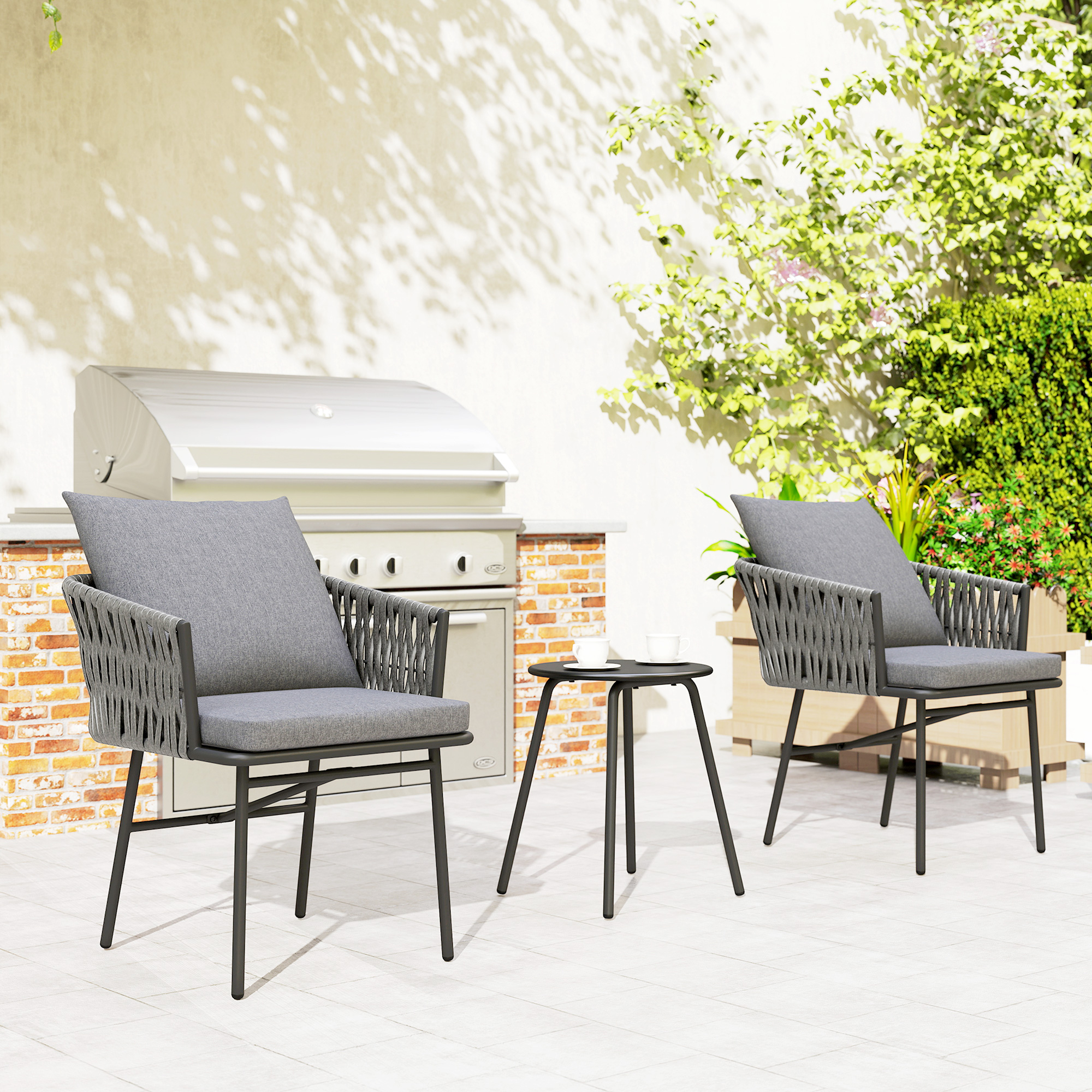 3-teiliges Außenmöbel-Set, 2 Stühle, 1 Tisch, Bistro-Set, Kunst-Rattan, Stahlrahmen, Metalltisch, 4 Kissen, Grau