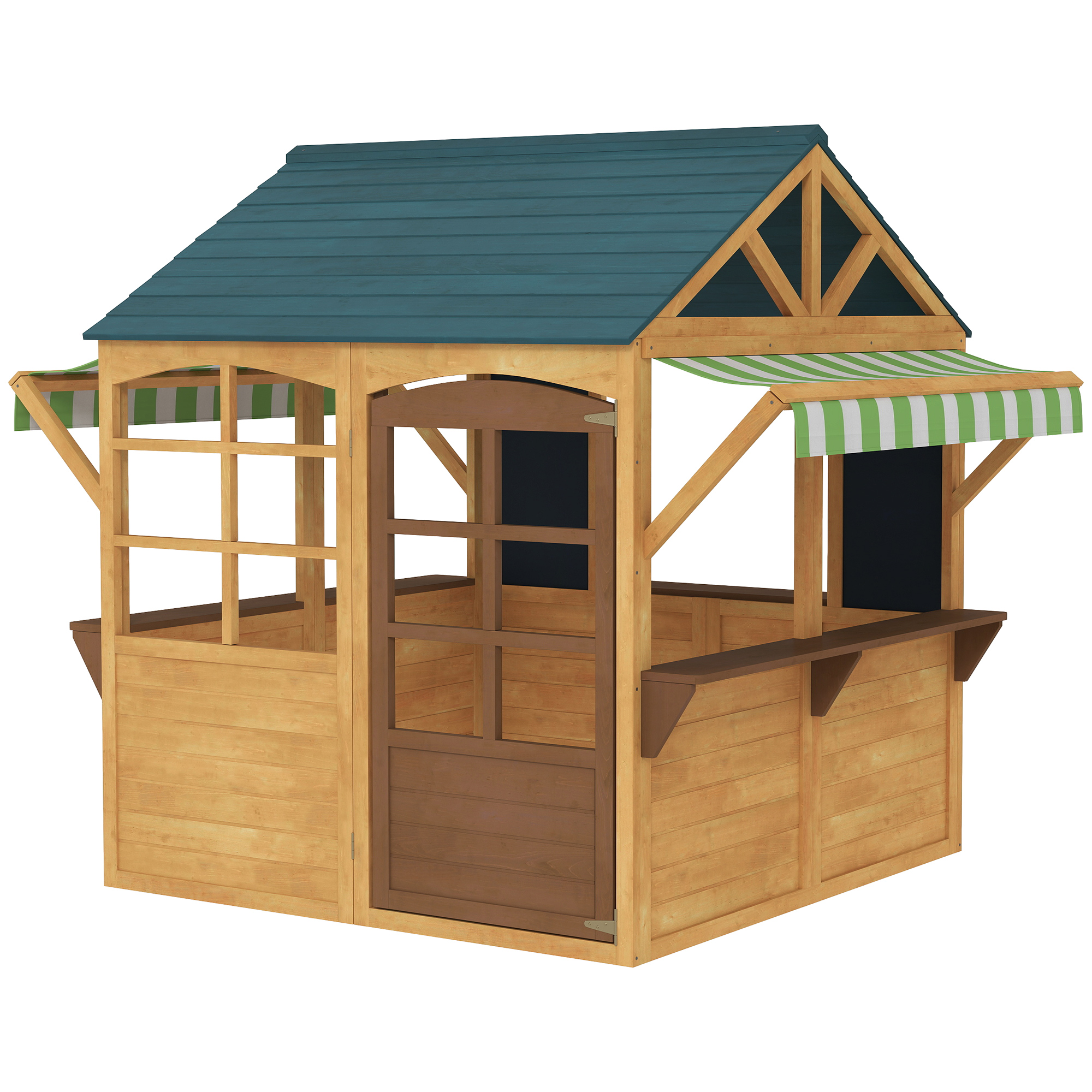 Kinderspielhaus aus Tannenholz, Faltbares Häuschen mit Fenstern, Tür, für Kinder im Alter von 3-8 Jahren, Braun+Blau