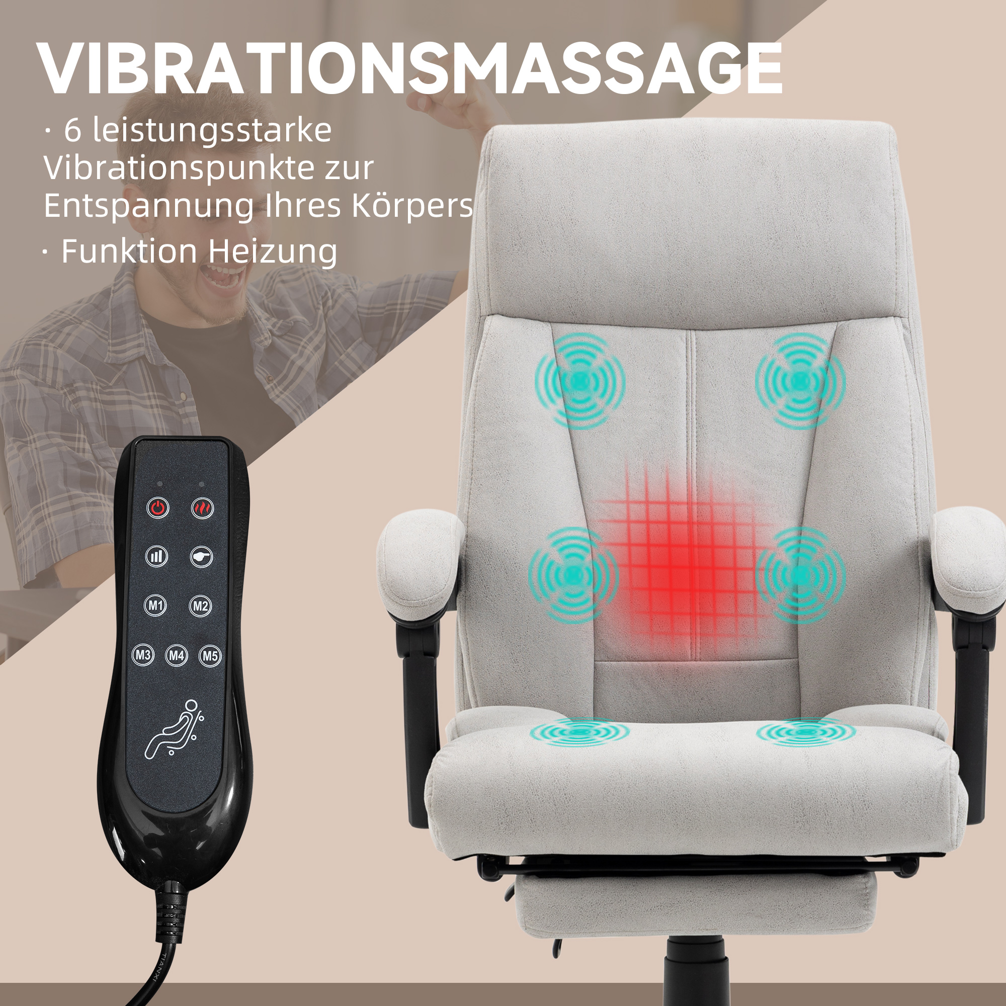 Massage-Bürostuhl Bürostuhl Computerstuhl, Lendenheizung, Neigungsfunktion, Hellgrau