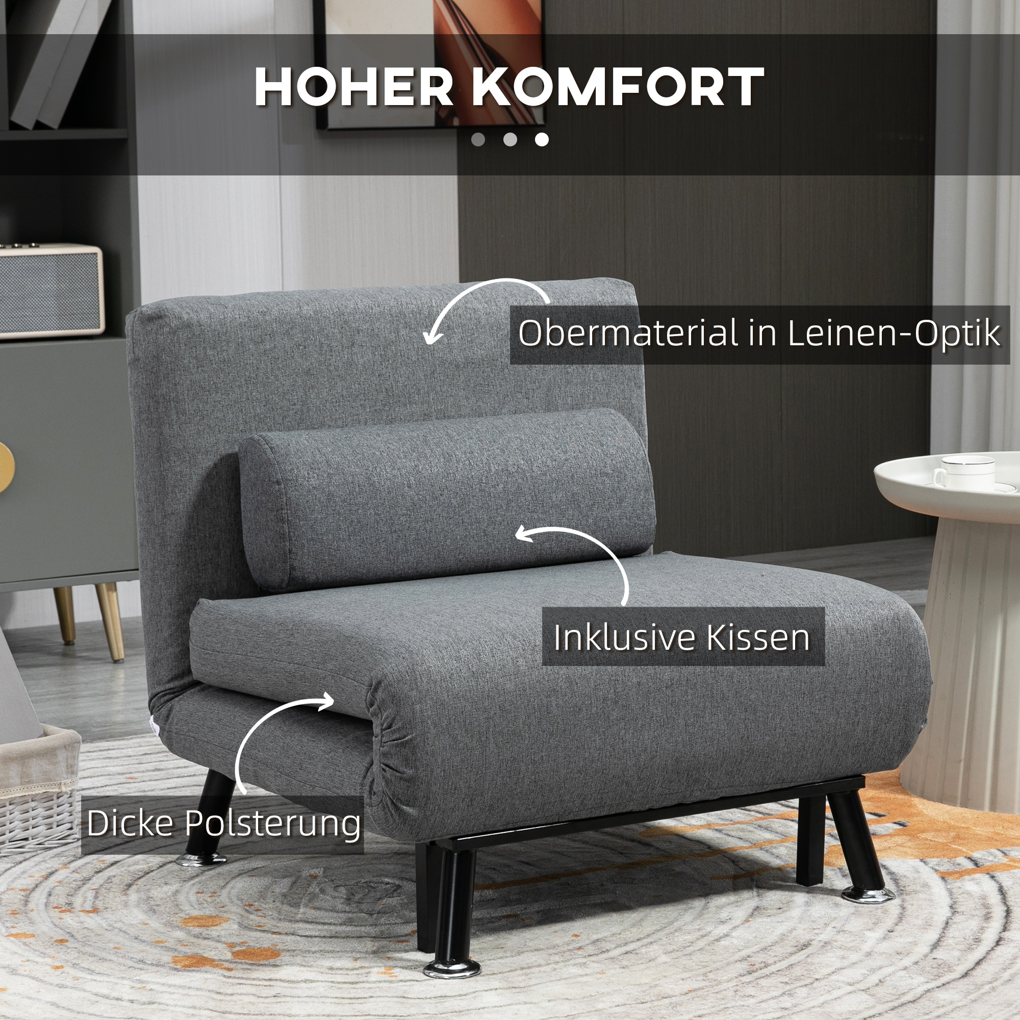 Klappsessel mit Bettfunktion, klappbarer Relaxsessel in Leinenoptik, Verstellbare Rückenlehne, 75 x 70 x 75 cm, Dunkelgrau