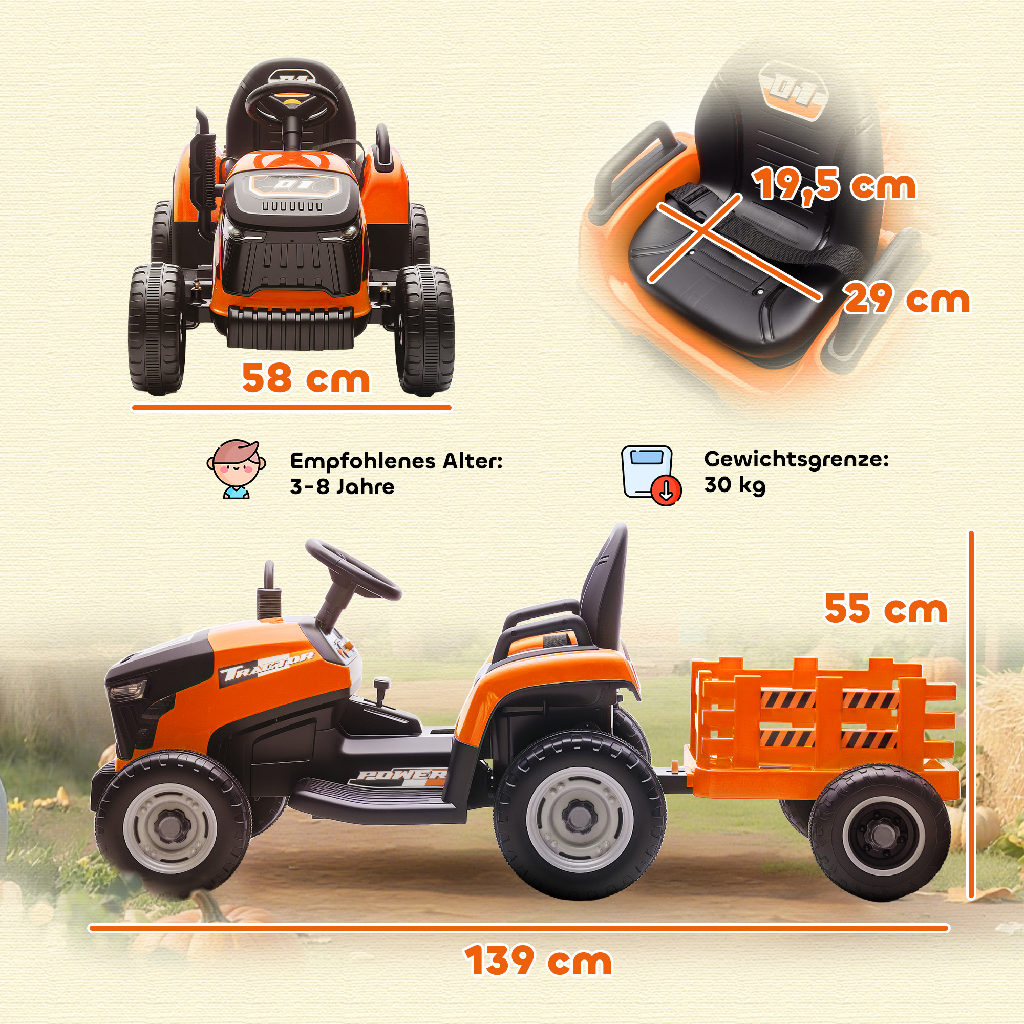 Kindertraktor, mit Fernbedienung, orange