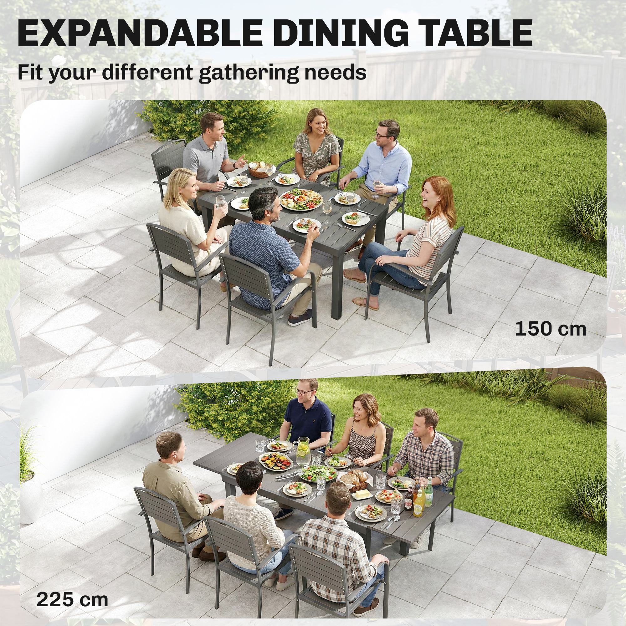 Gartenmöbel Set Sitzgruppe 7-teilig Ausziehbar Tisch mit 6 Stühlen Holzoptik Lamelldesign Aluminiumrahmen