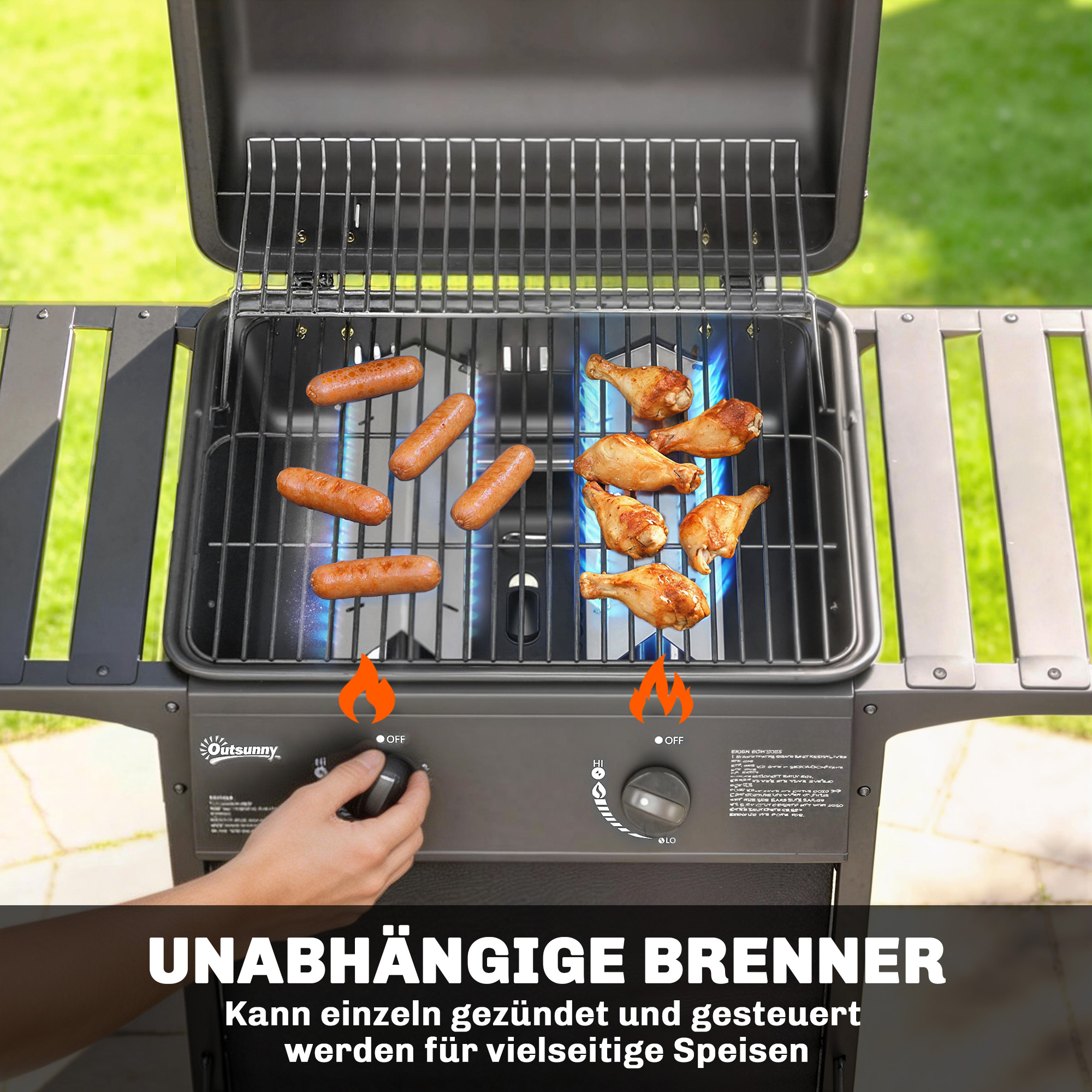 Gasgrill 5kW 2 Brenner BBQ Grillwagen Edelstahl inkl Seitentisch Unterkorb Frontabdeckung Thermometer Emaille-Grillrost