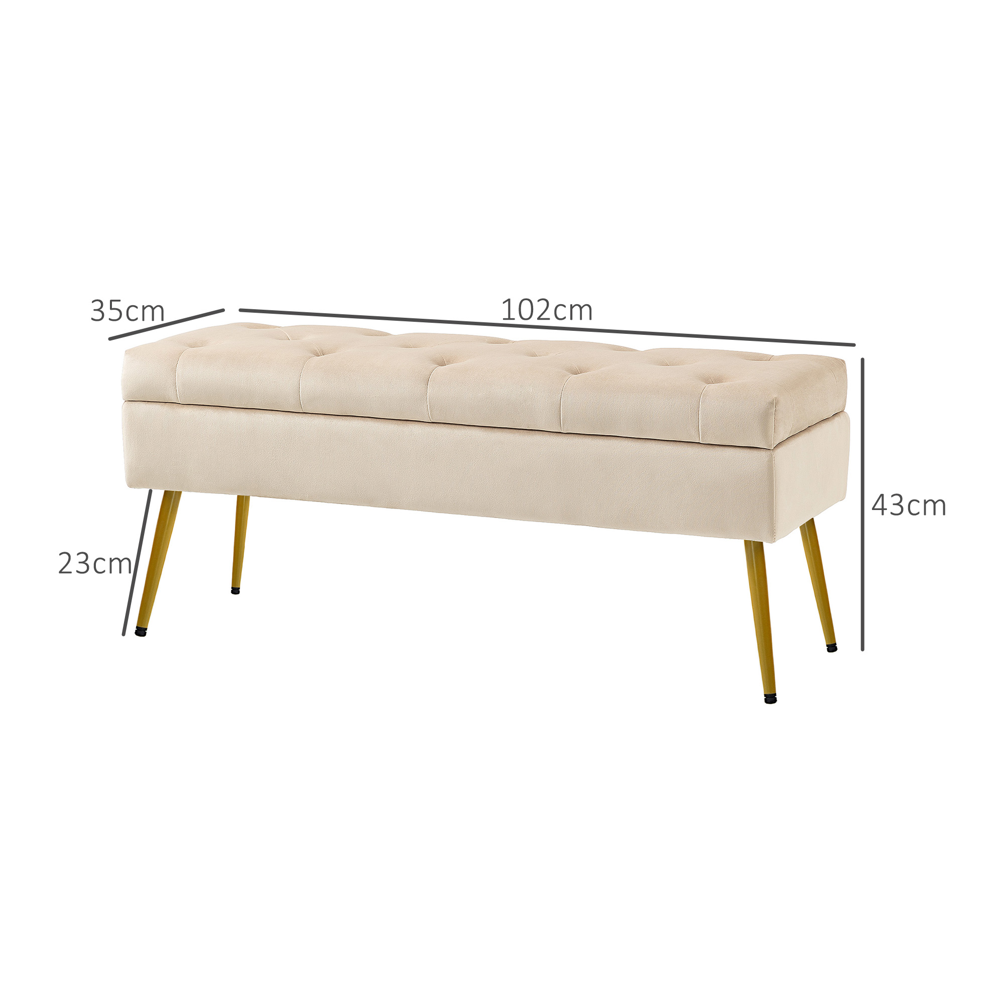 Stauraum-Sitzbank in Samtoptik, gepolsterter Fußhocker mit getuftetem Design, Metallrahmen, 102 x 35 x 43 cm, Beige