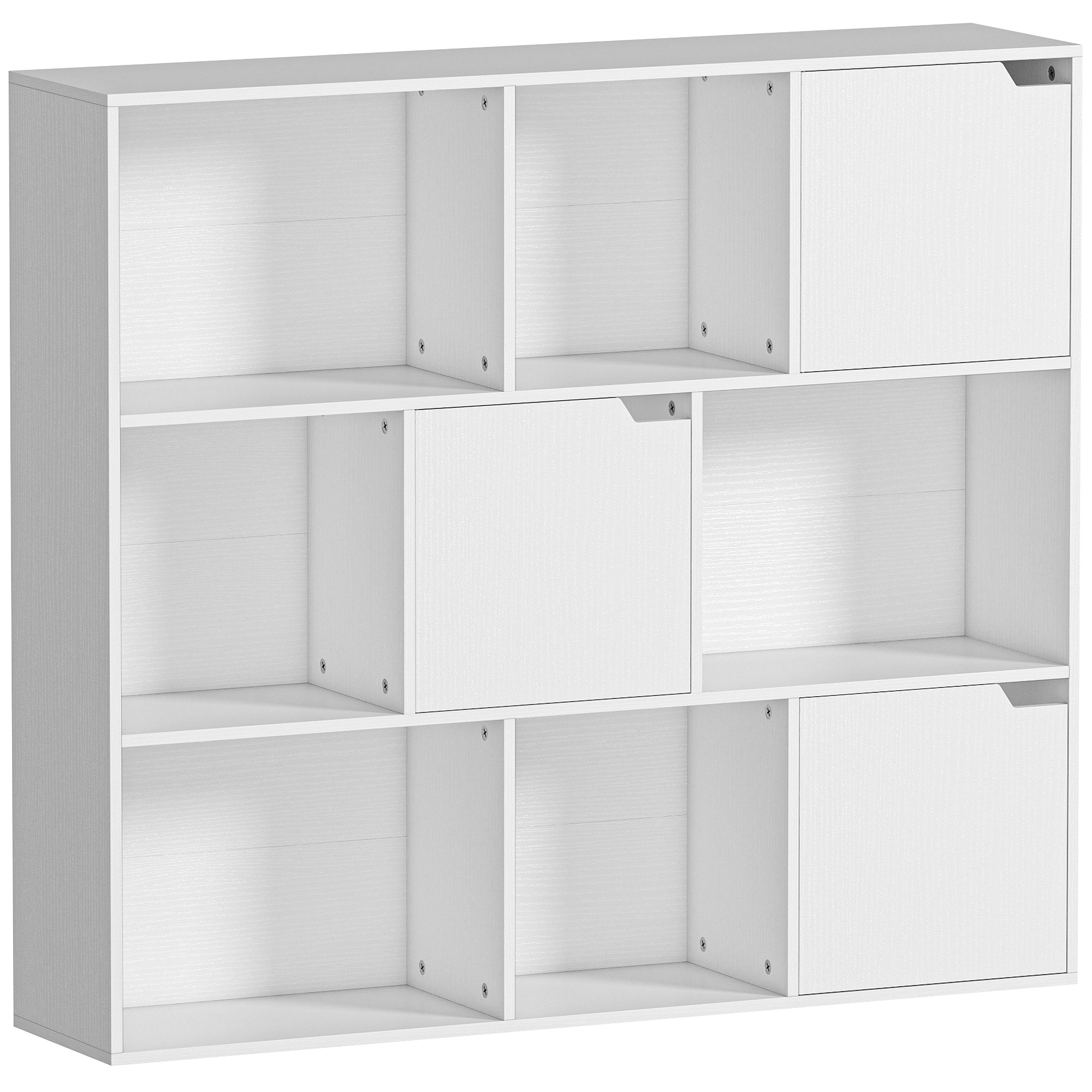 Bücherregal, 9 Würfelfächer, 3 Türen, 6 offene Regale, für Wohnzimmer, Schlafzimmer, Spanplatte, Weiß
