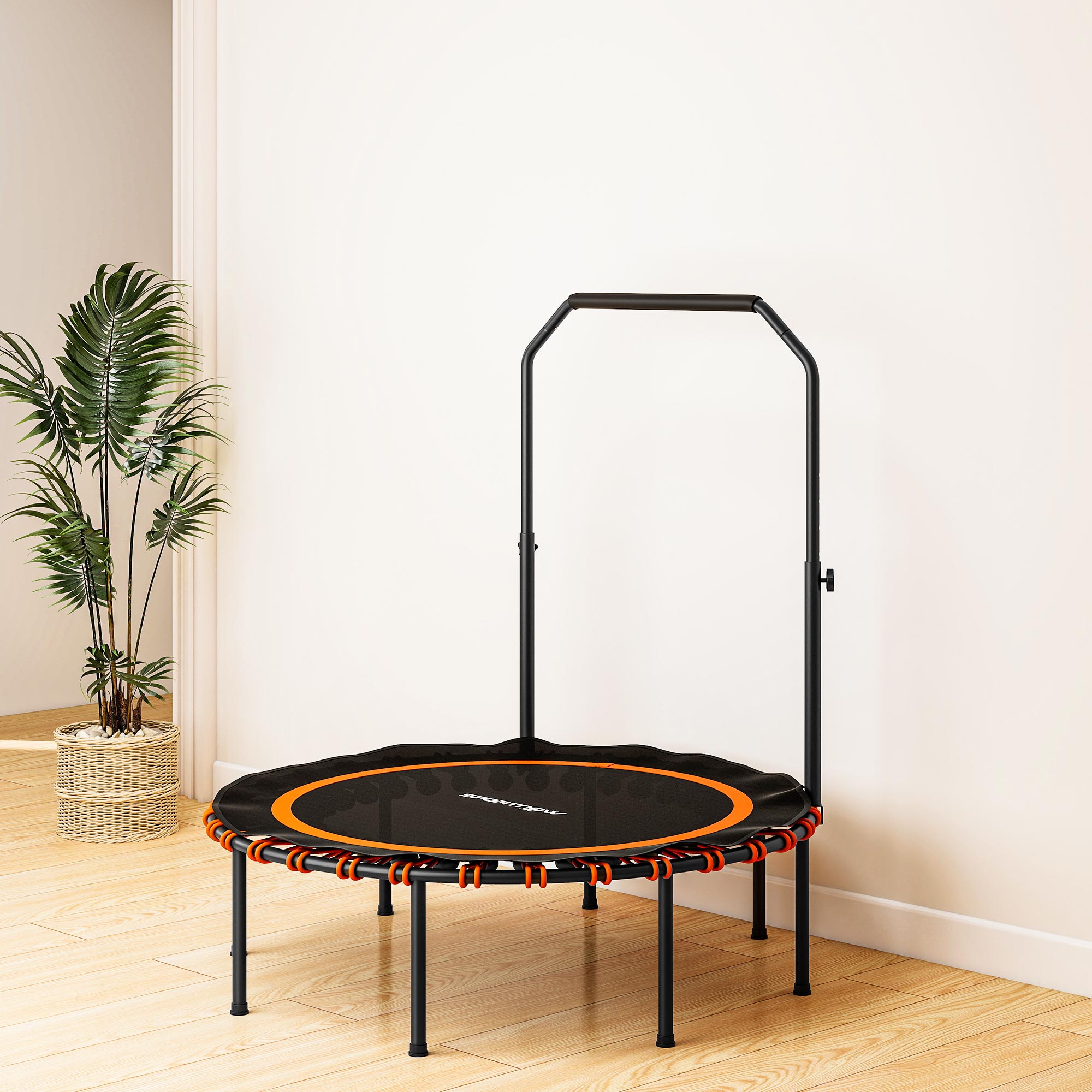 Fitness-Trampolin mit verstellbarem Handlauf, Sport-Trampolin für drinnen und draußen, Stahl, Kunststoff, Orange