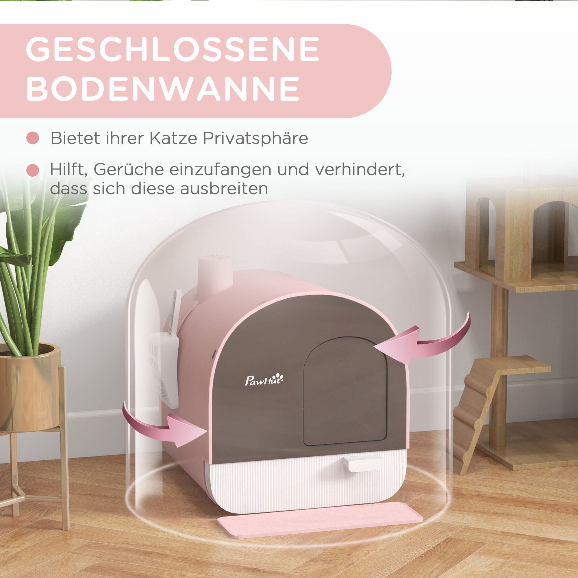 Katzentoilette mit Deckel, Streuschaufel, Schmutzfangmatte, Kunststoff, Rosa/Schwarz