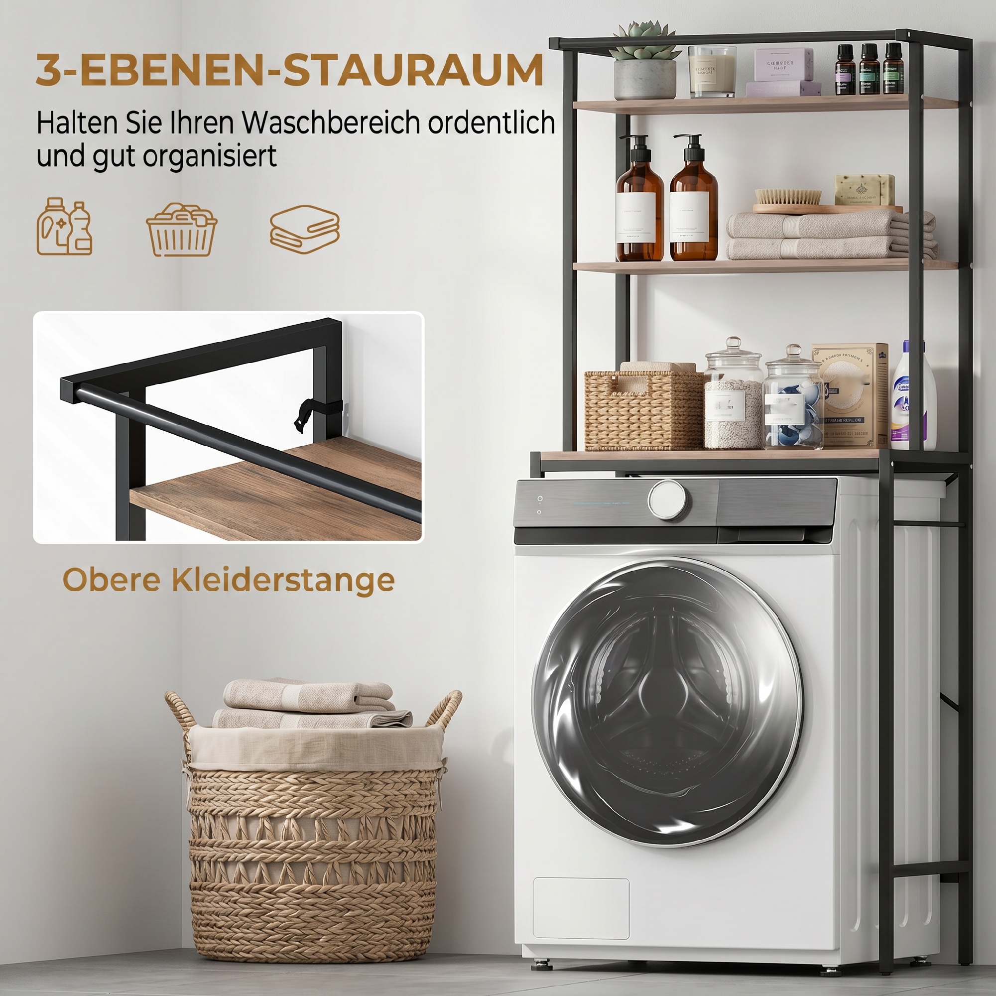 Waschmaschinenregal Badezimmerregal mit Trockenstange, 3 Ebenen für Bad, Waschküche, 67 x 40 x 161,8 cm, Braun