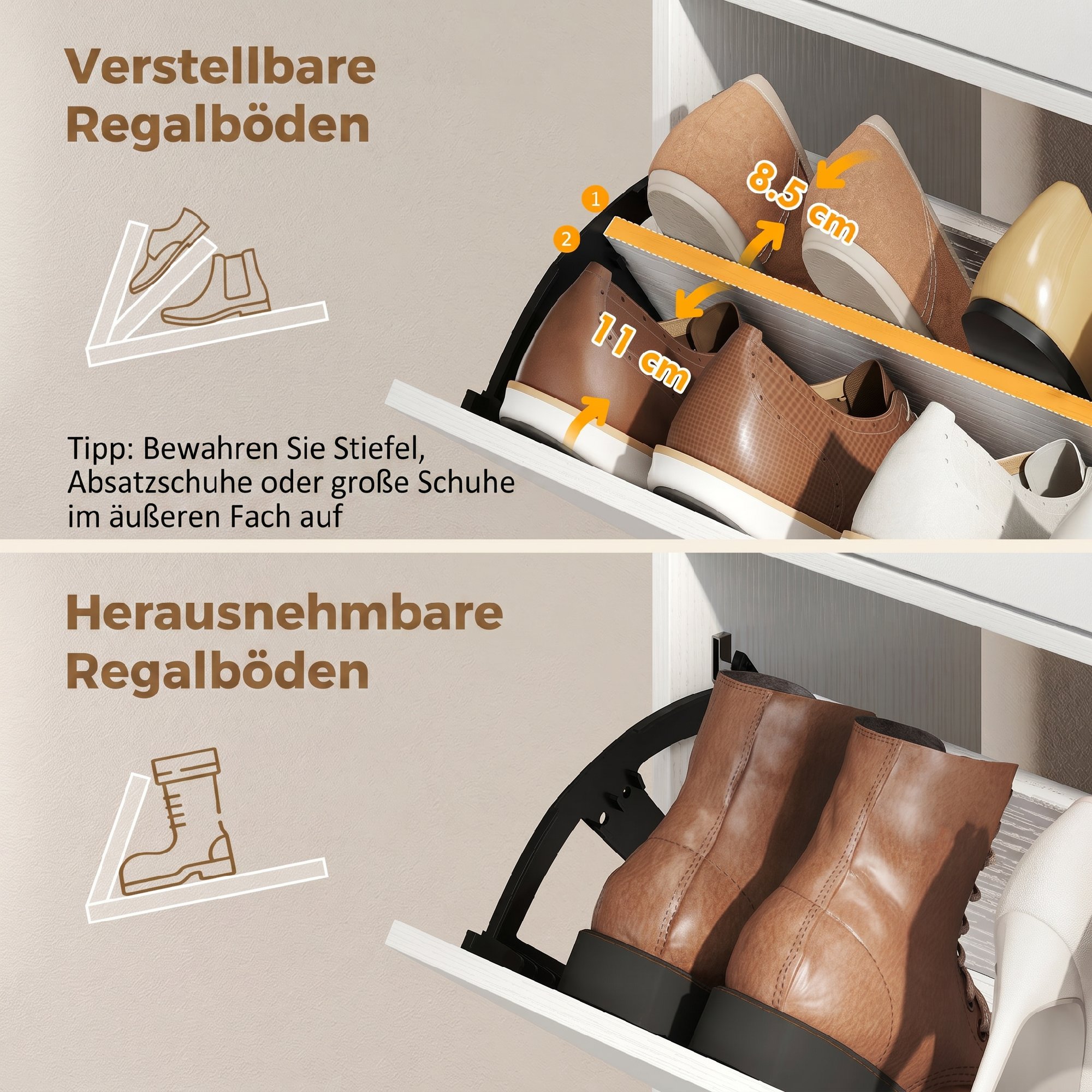 Schmaler Schuhschrank mit 2 Klappfächern, Schuhschrank mit Lychee-Leder-Türen und verstellbaren Regalböden, Weiß