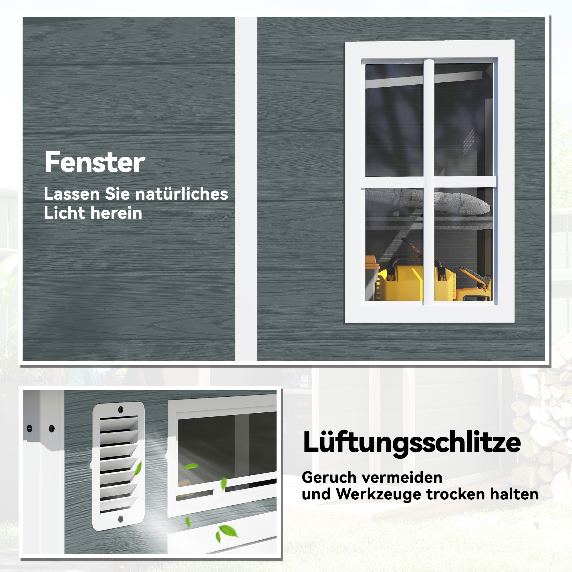 Gerätehaus 2,89 m², Geräteschuppen mit Holzoptik 3 Fenster Doppeltür Belüftung Boden Schloss, 182 x 182 x 196 cm