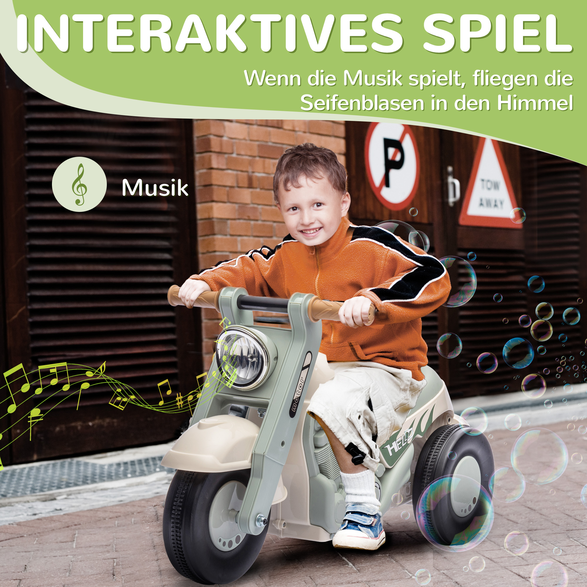 Rutschauto, Motorrad-Design, Musik und Seifenblasen, für 2-5 Jahre, Cremeweiß