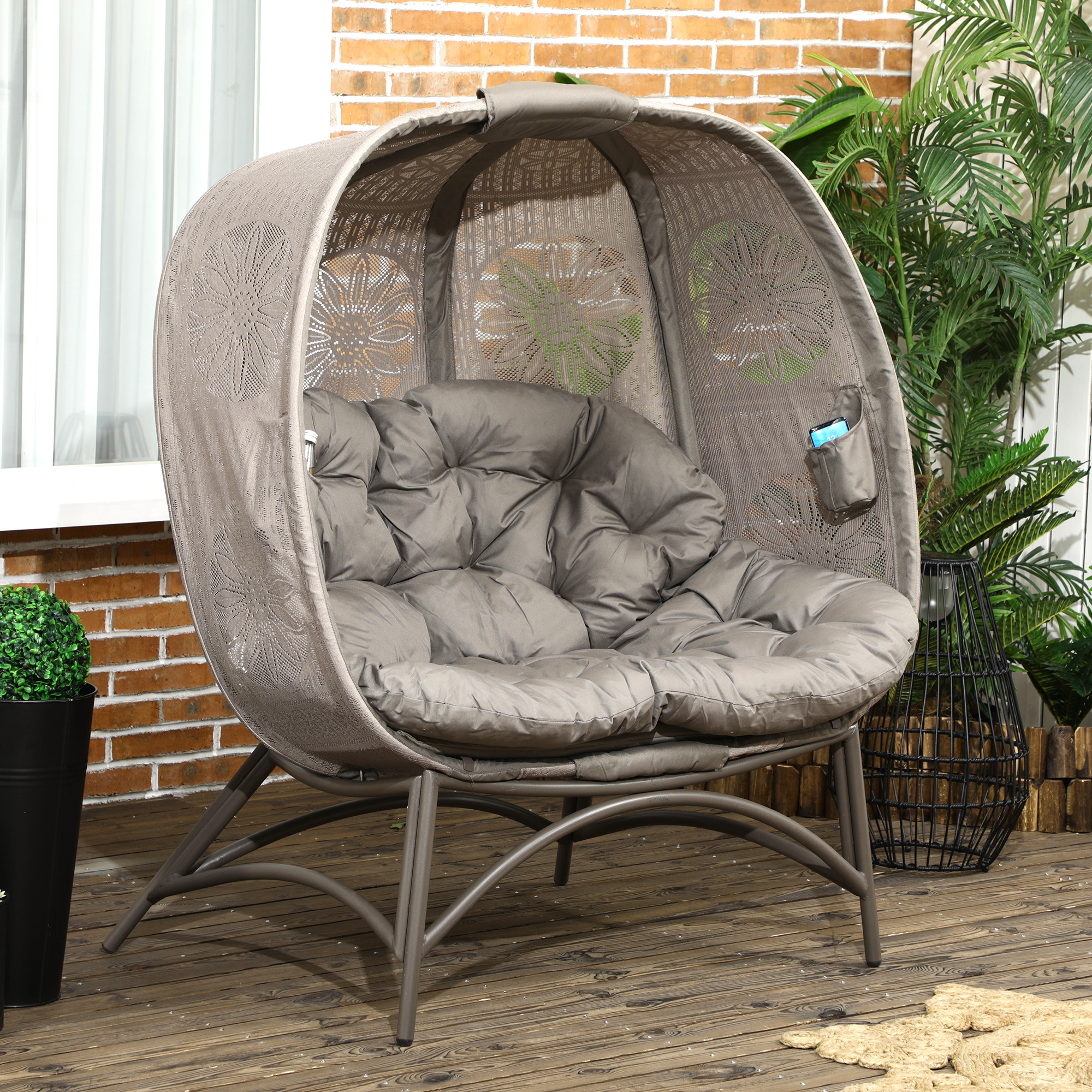 Gartenstuhl für 2 Personen, klappbar, großes Sitzkissen, Stahlrahmen, Farbe: Sand, 126 x 75 x 142 cm