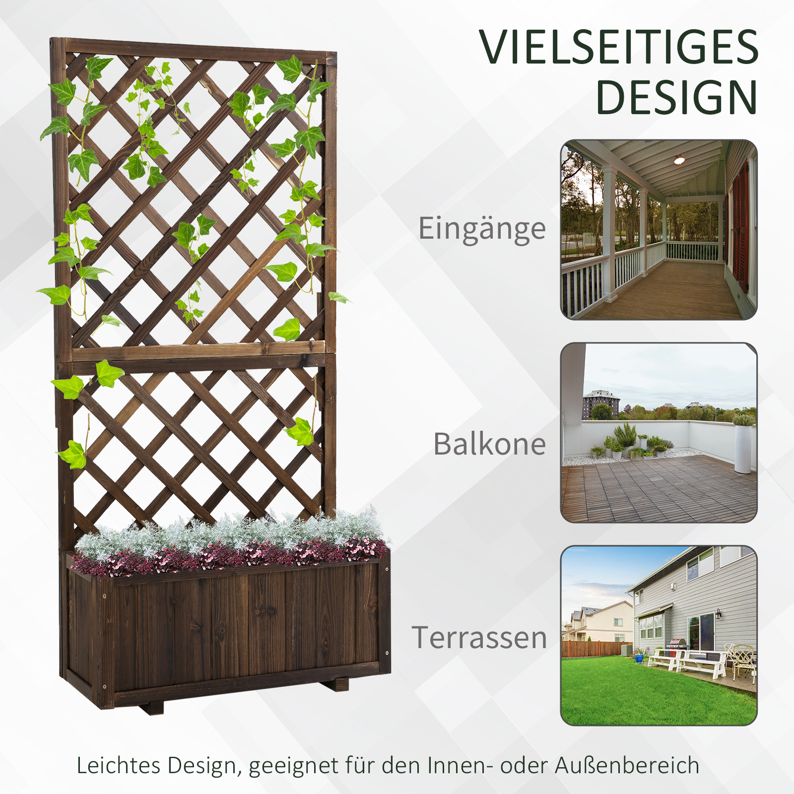 Hochbeet Pflanzenkasten mit Rankgitter, Spalier Pflanzkübel, Blumenkasten Holz, 72,5x31,5x149,5cm für Garten Balkon Terasse, Blumenkübel für Kletterpflanzen, Blumen, Braun