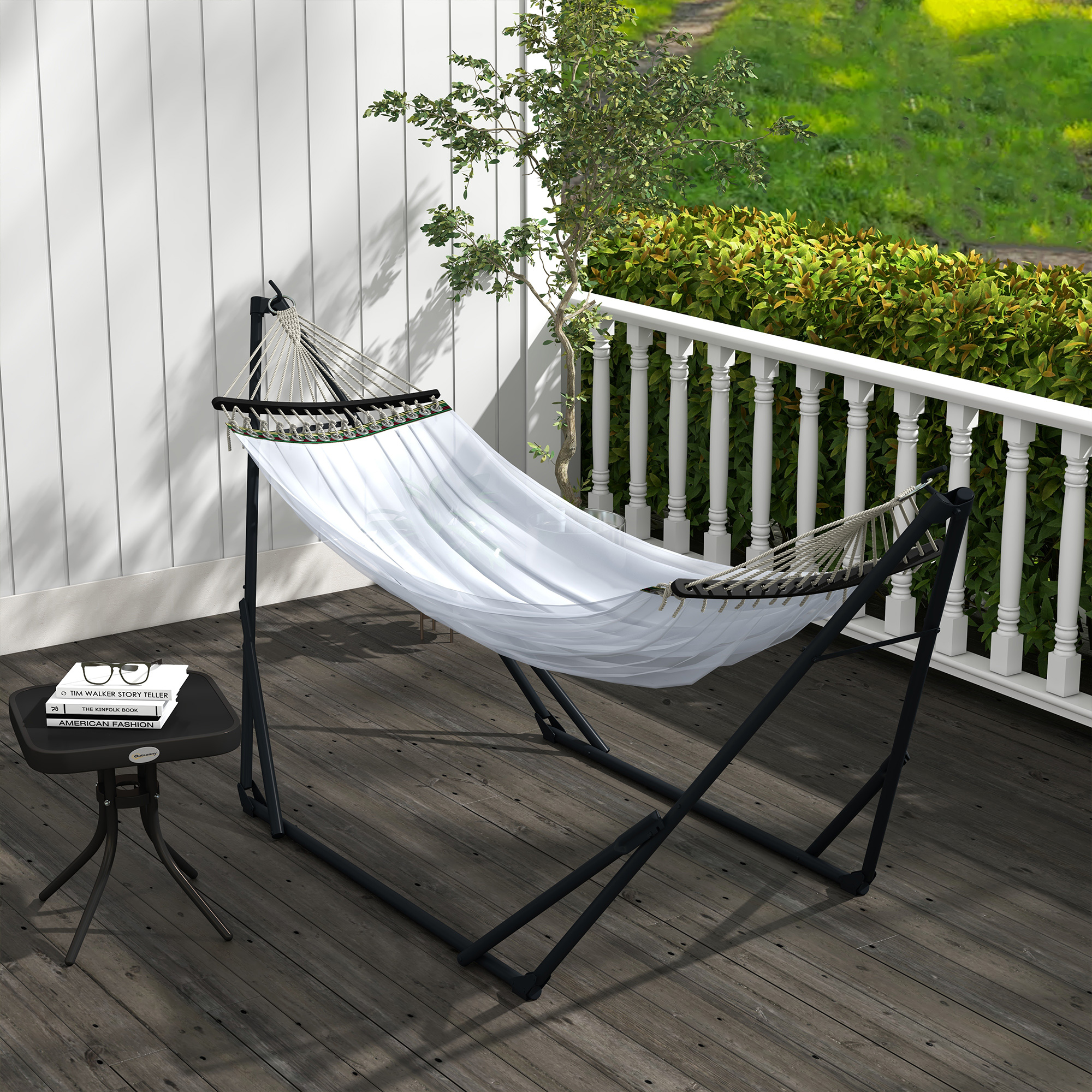 Hängemattengestell inkl. Hängematte Gestell für Hängematte, 263 cm x 89 cm x 100 cm, Schwarz + Weiß