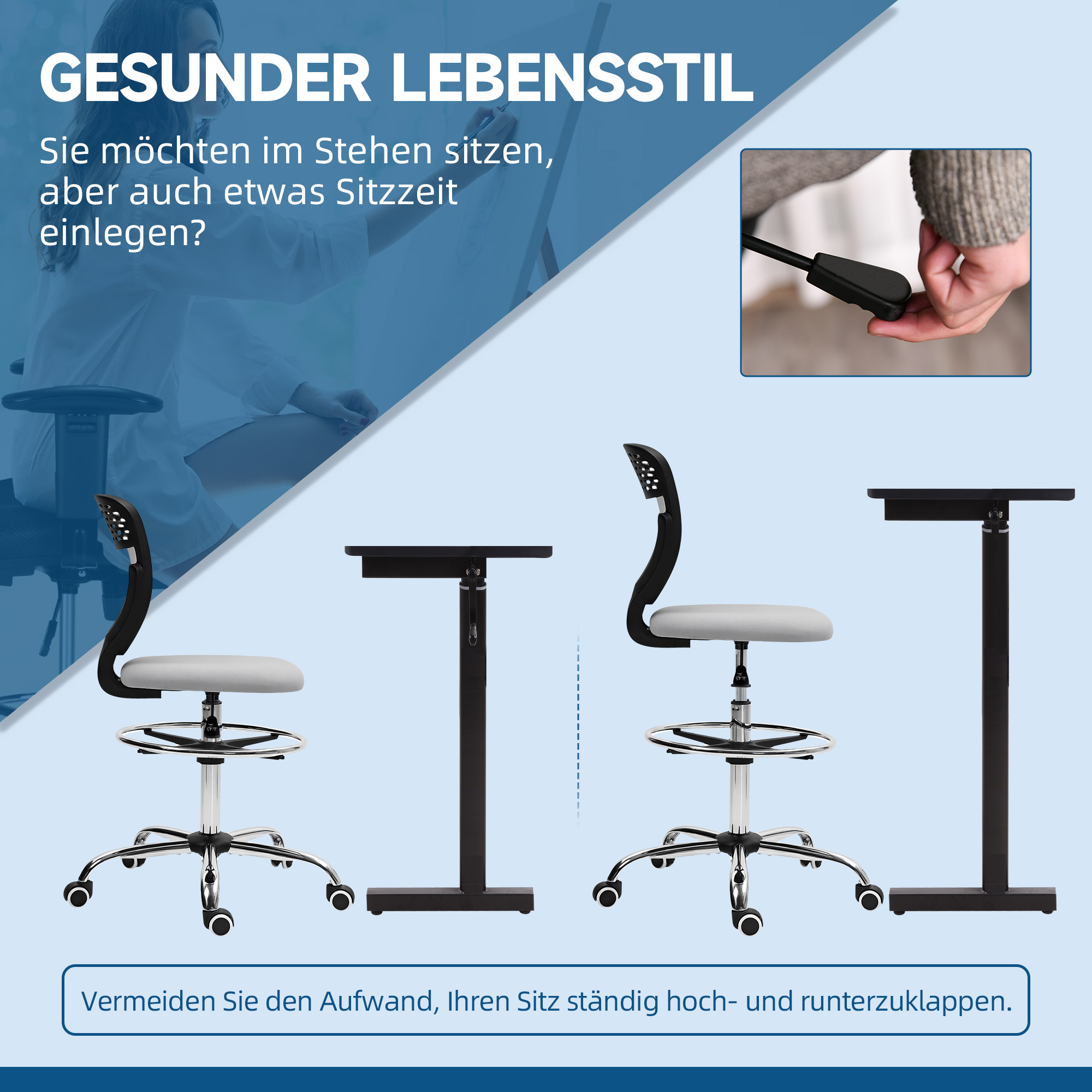 Bürostuhl, Arbeitsstuhl, Schreibtischstuhl, höhenverstellbar, gepolstert, Hellgrau