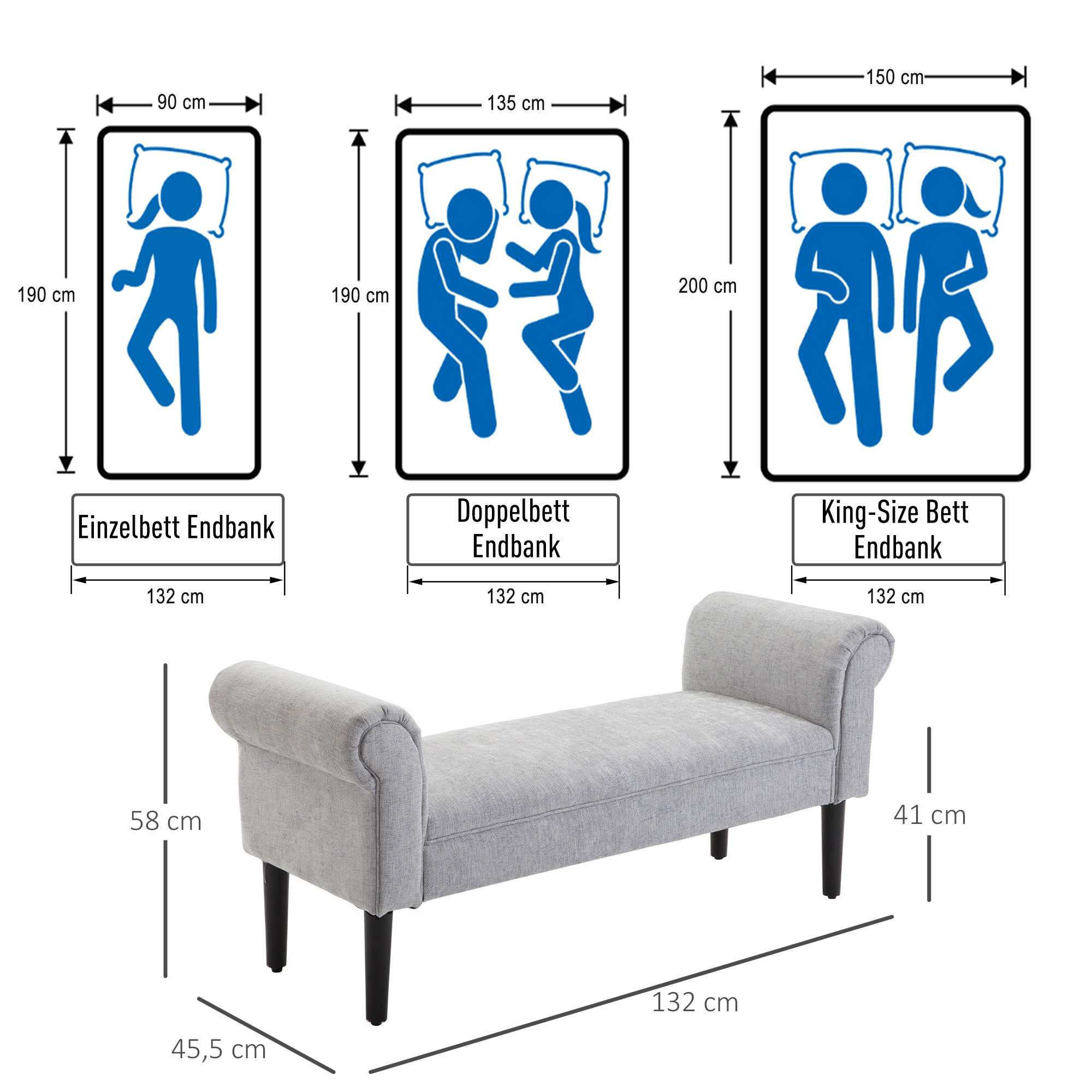 Polsterbank Sitzbank Lounge Sitzhocker Flurbank Bettbank elegant mit gerollten Seiten Leinenstoff Schaumstoff Polyester Hellgrau 132 x 45,5 x 58 cm