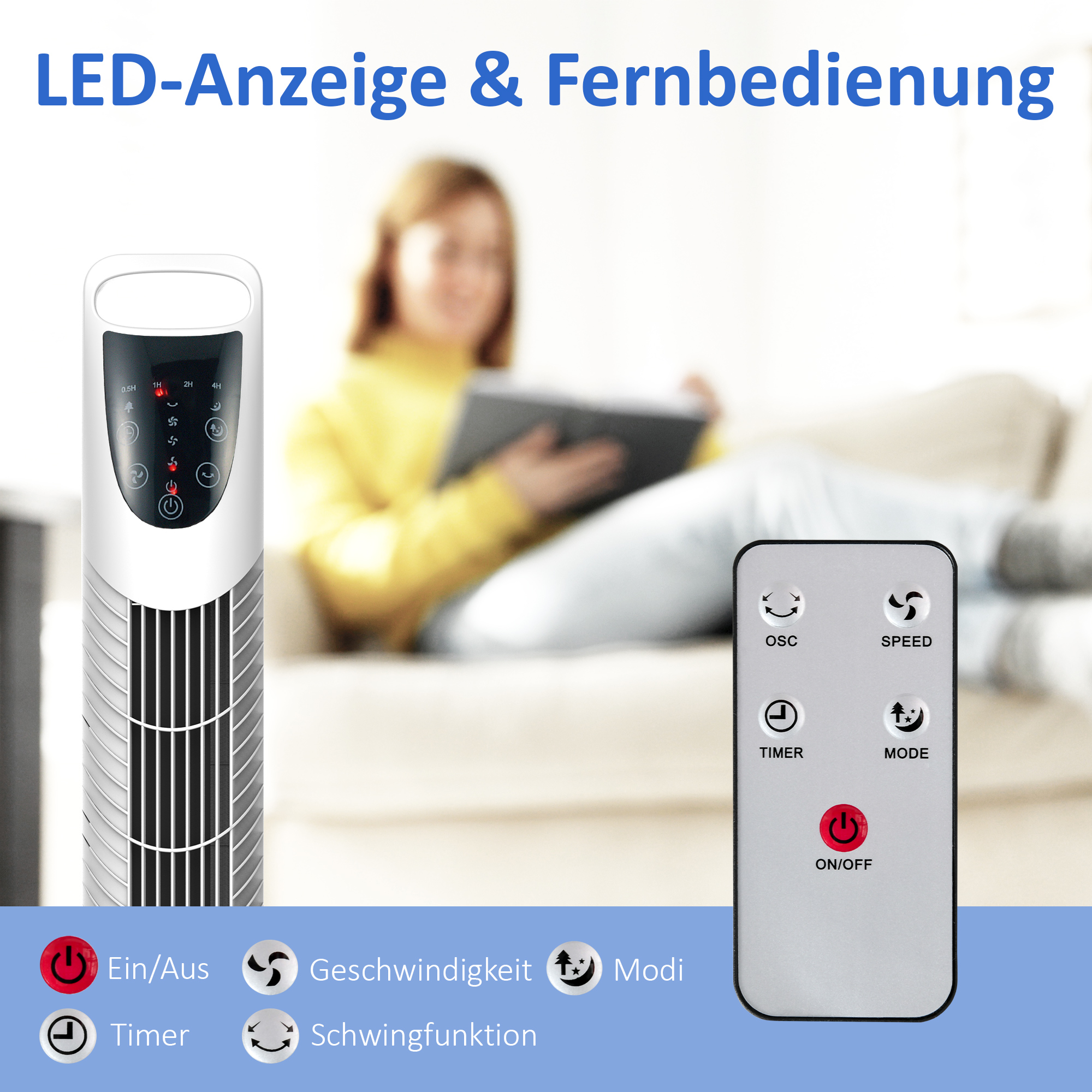 Turmventilator, 3 Modi, leiser Betrieb, Timer, Fernbedienung, 18x78,5cm, Weiß