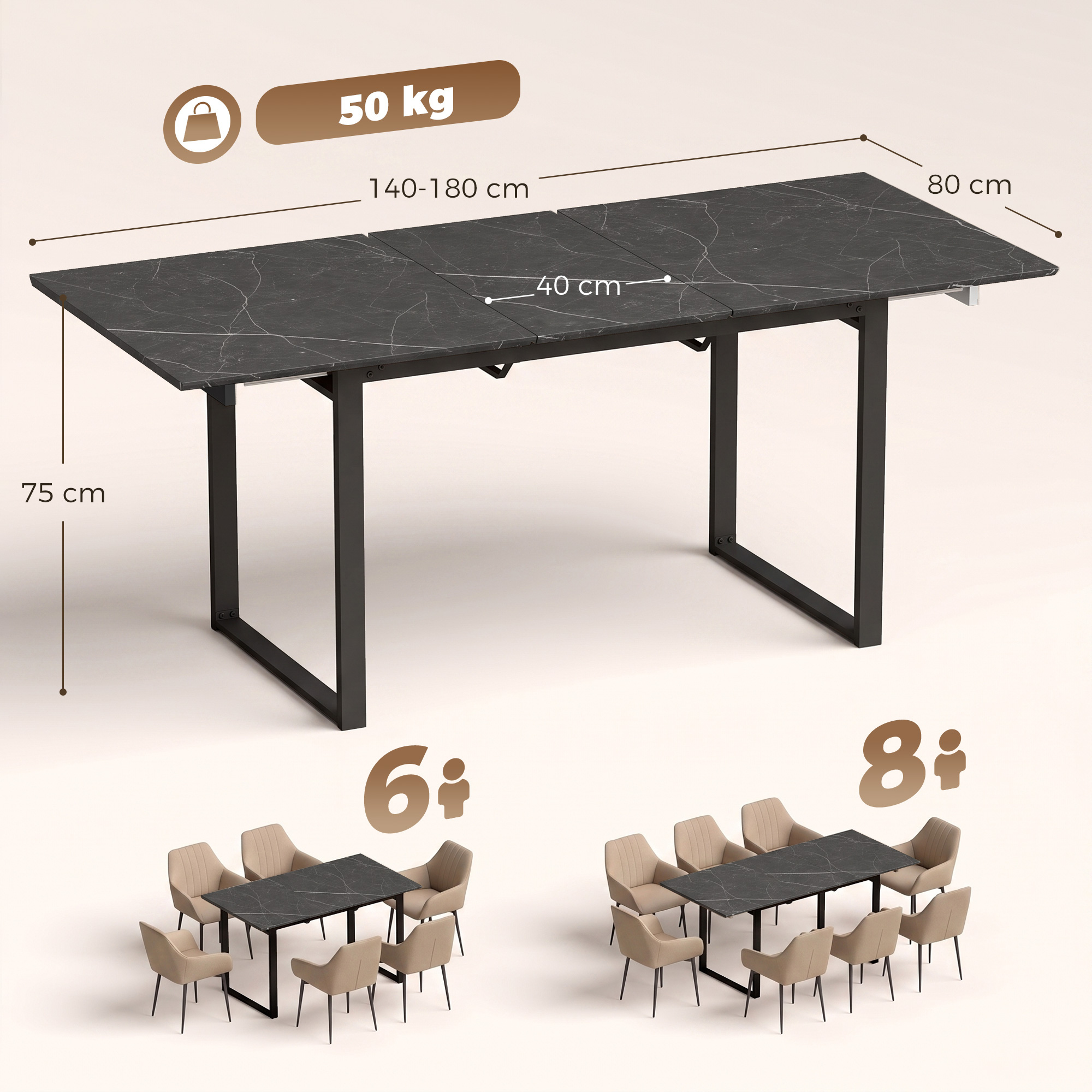 ausziehbarer Esstisch 140-180 cm für 6-8 Personen, rechteckig im Industrial-Design mit Stahlgestell, Schwarz
