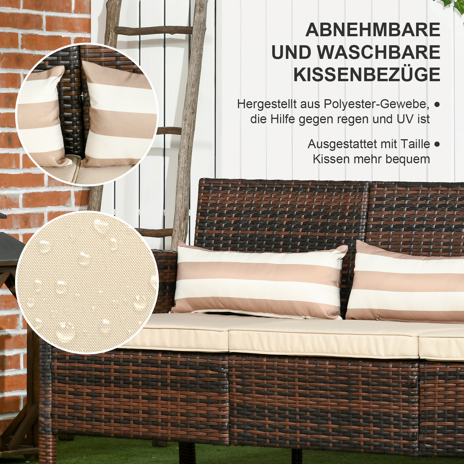 Rattan Sofa mit Kissen, Dreisitzer, Garten Loungesofa, Stahl, Braun, 173 x 68 x 78 cm