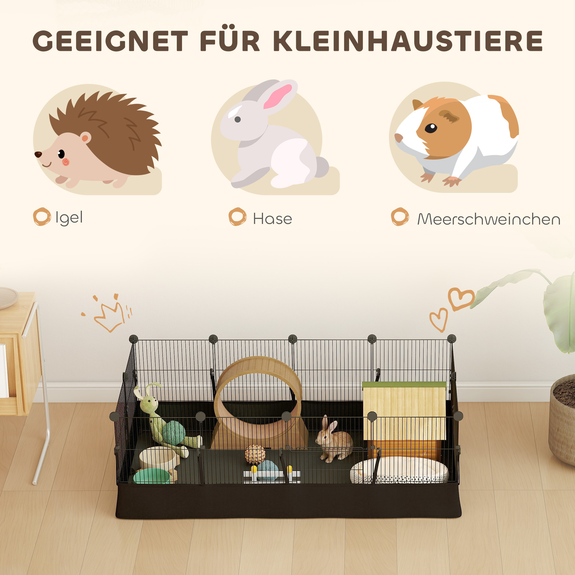 Kleintiergehege mit Bodenplatten Freilaufgehege Laufstall mit 12 Paneel, wasserdichte Matte, 120x60x40 cm, Schwarz