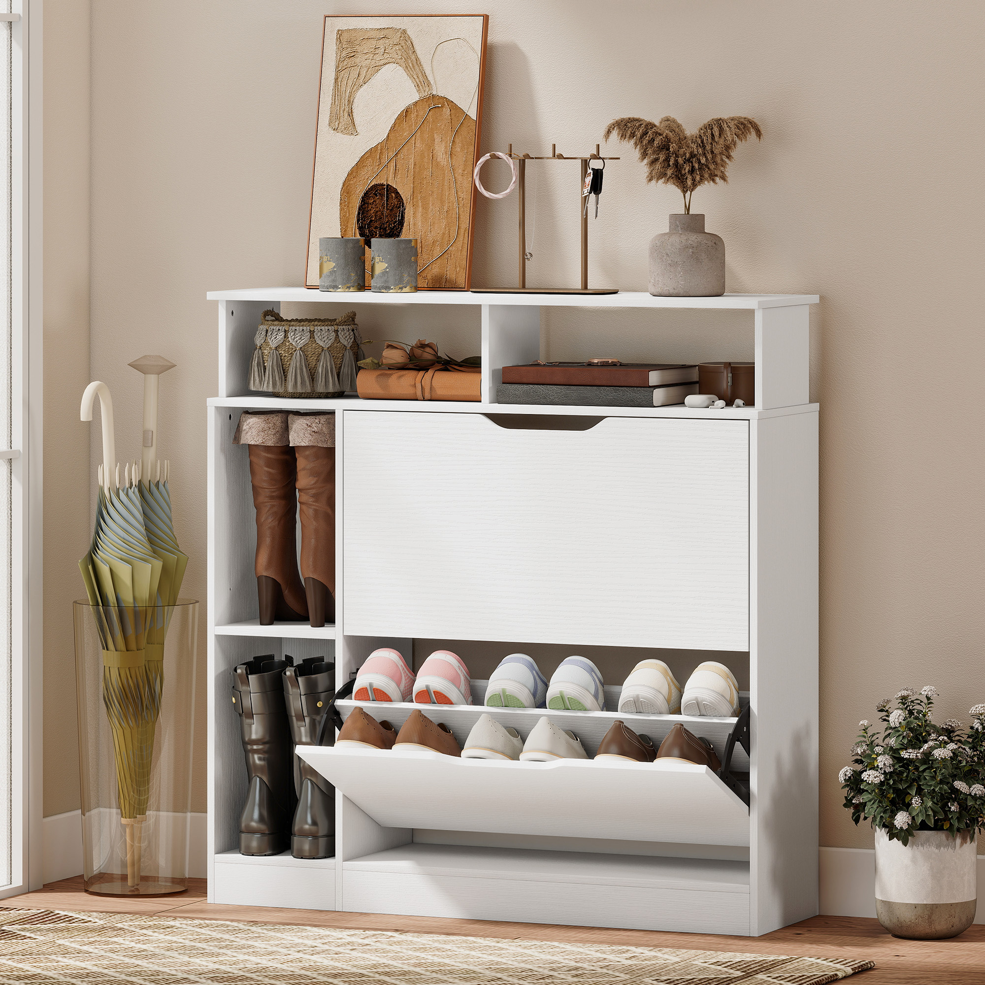 Schuhschrank mit 2 Klappen Schuhkipper mit Verstellbar Trennwand, offenem Fach für 12 Paar Schuhe 89 x 25 x 92 cm Weiß