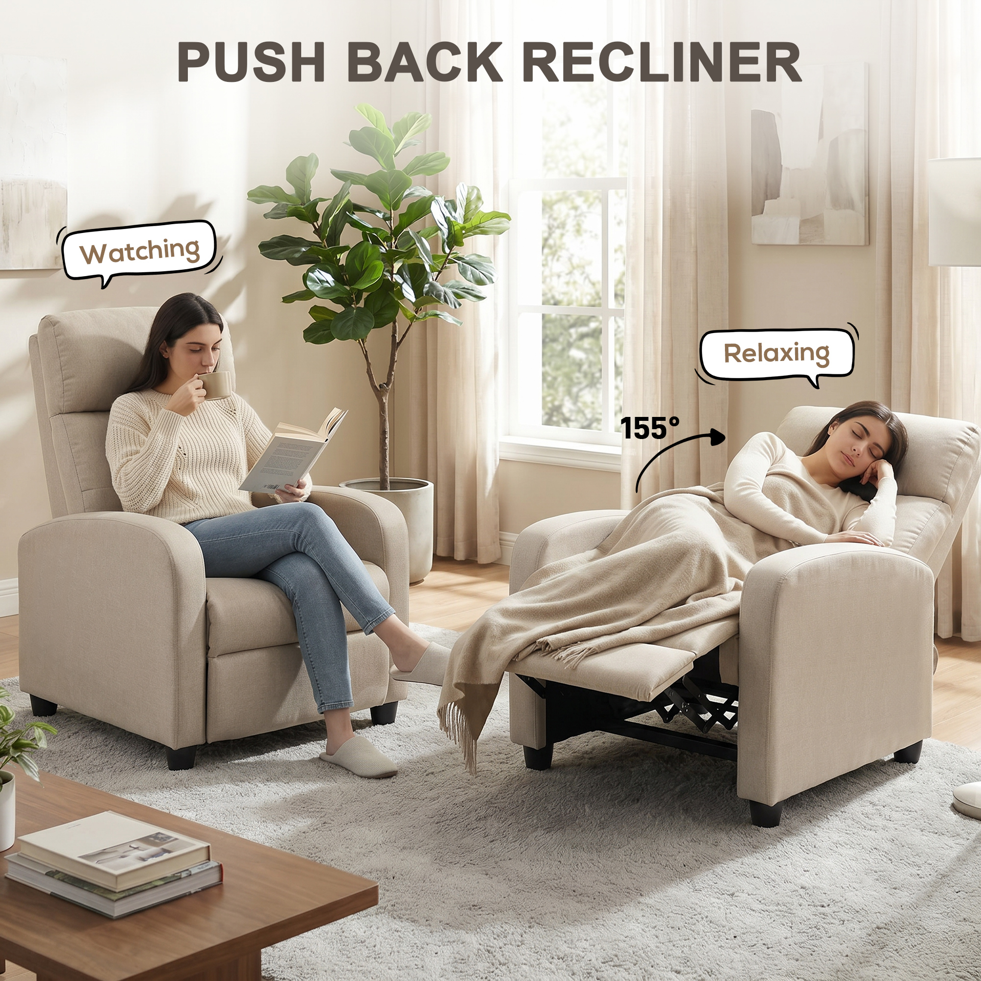 Relaxsessel mit Liegefunktion, ausfahrbares Fußteil, Taschenfederkern, bis 150 kg, Beige