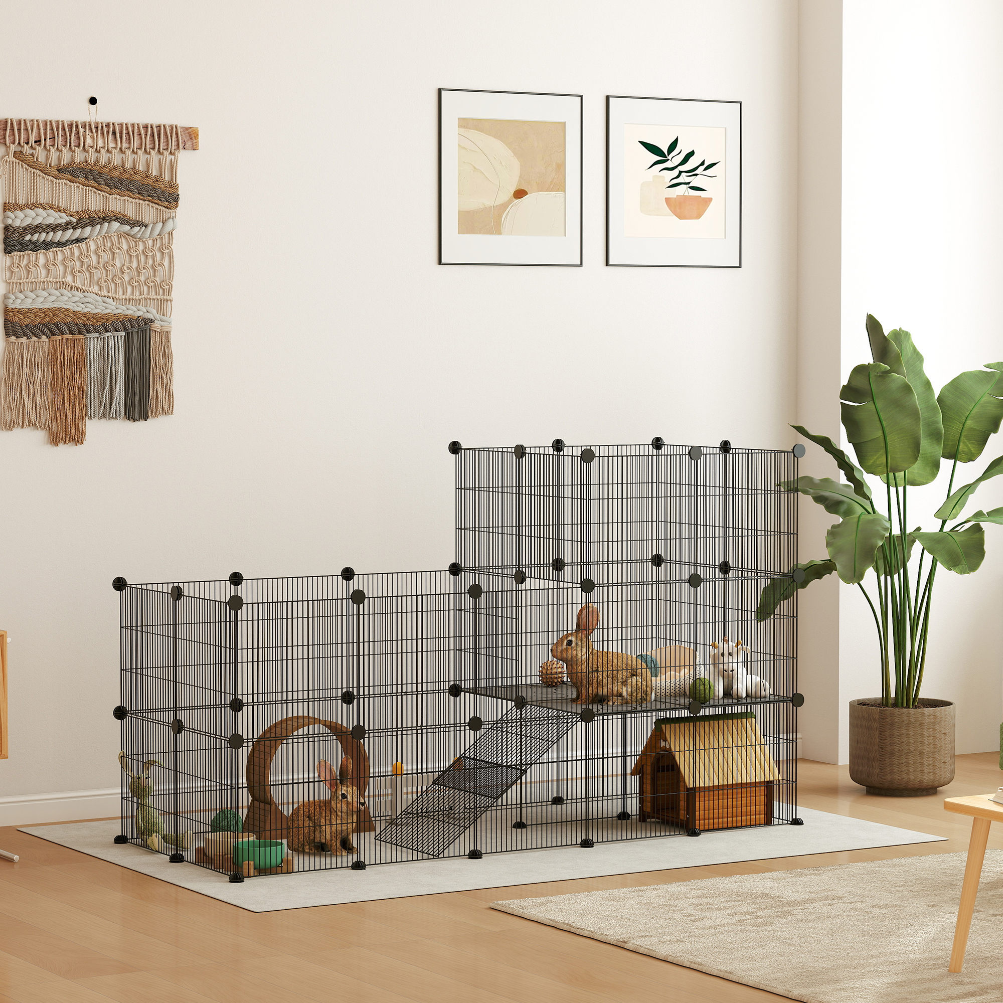 Gehege für Zwergkaninchen, 39-Paneel-Stall für kleine Haustiere, mit Rampe, für Kleintiere, Indoor, Schwarz