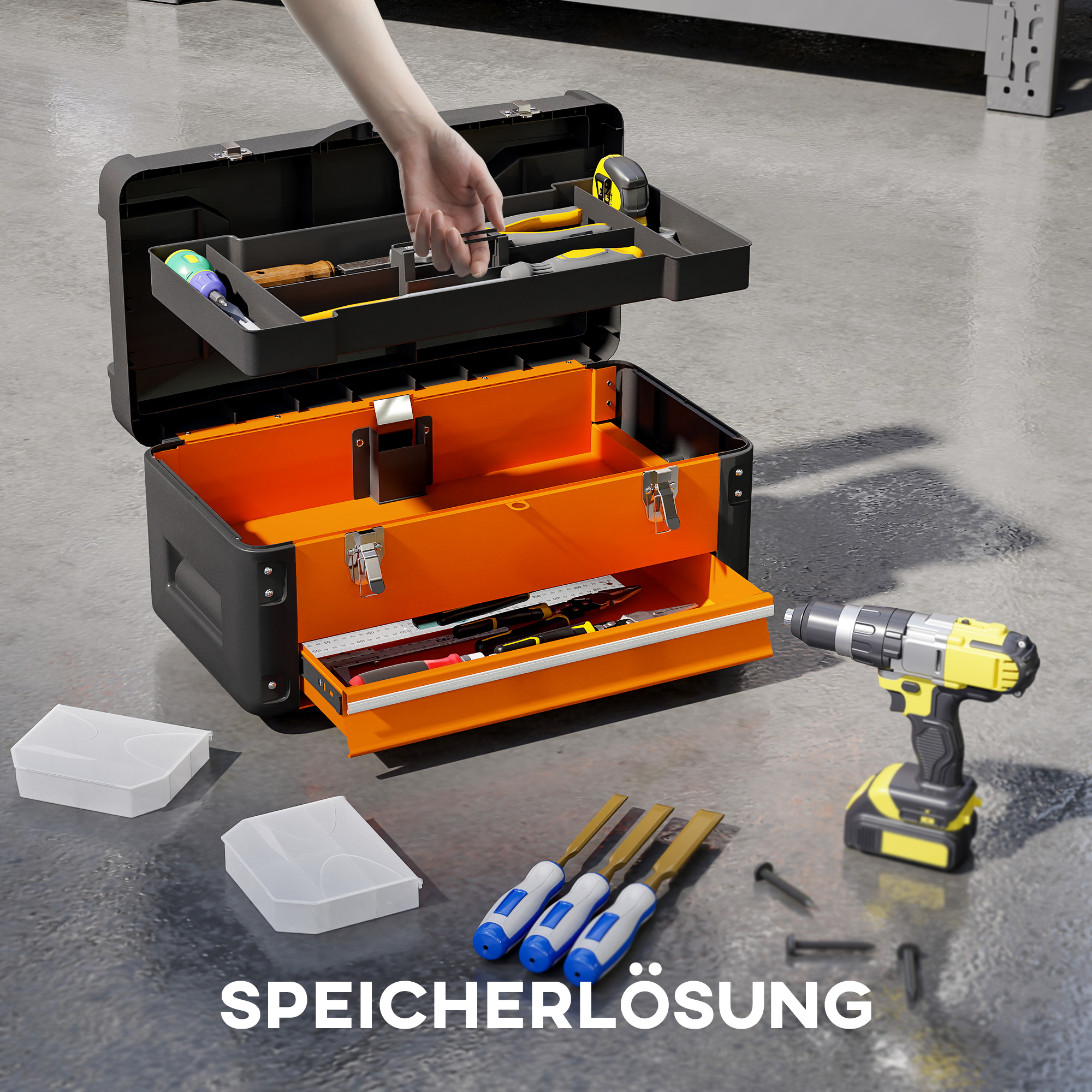 Werkzeugkiste leer, 49,7 x 25,3 x 23 cm Werkzeugkasten mit Schublade, Mini-Box Stahl Orange