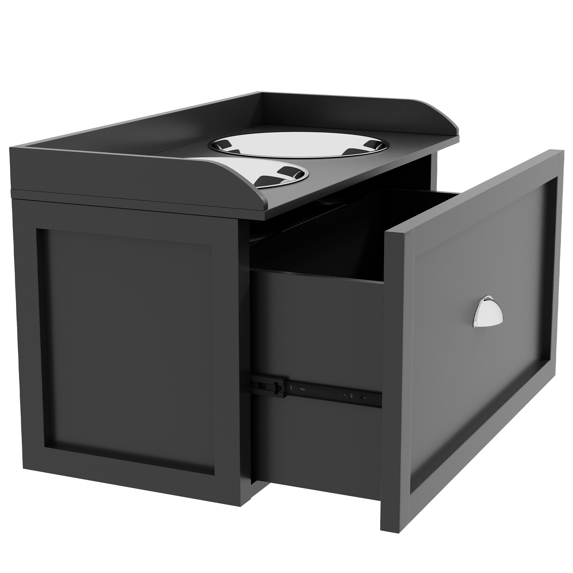 Futterstation, 2 Fressnäpfe je 2 Liter, Edelstahl, mit Schublade, für große Hunde, schwarz+silber, 60 x 30 x 36 cm