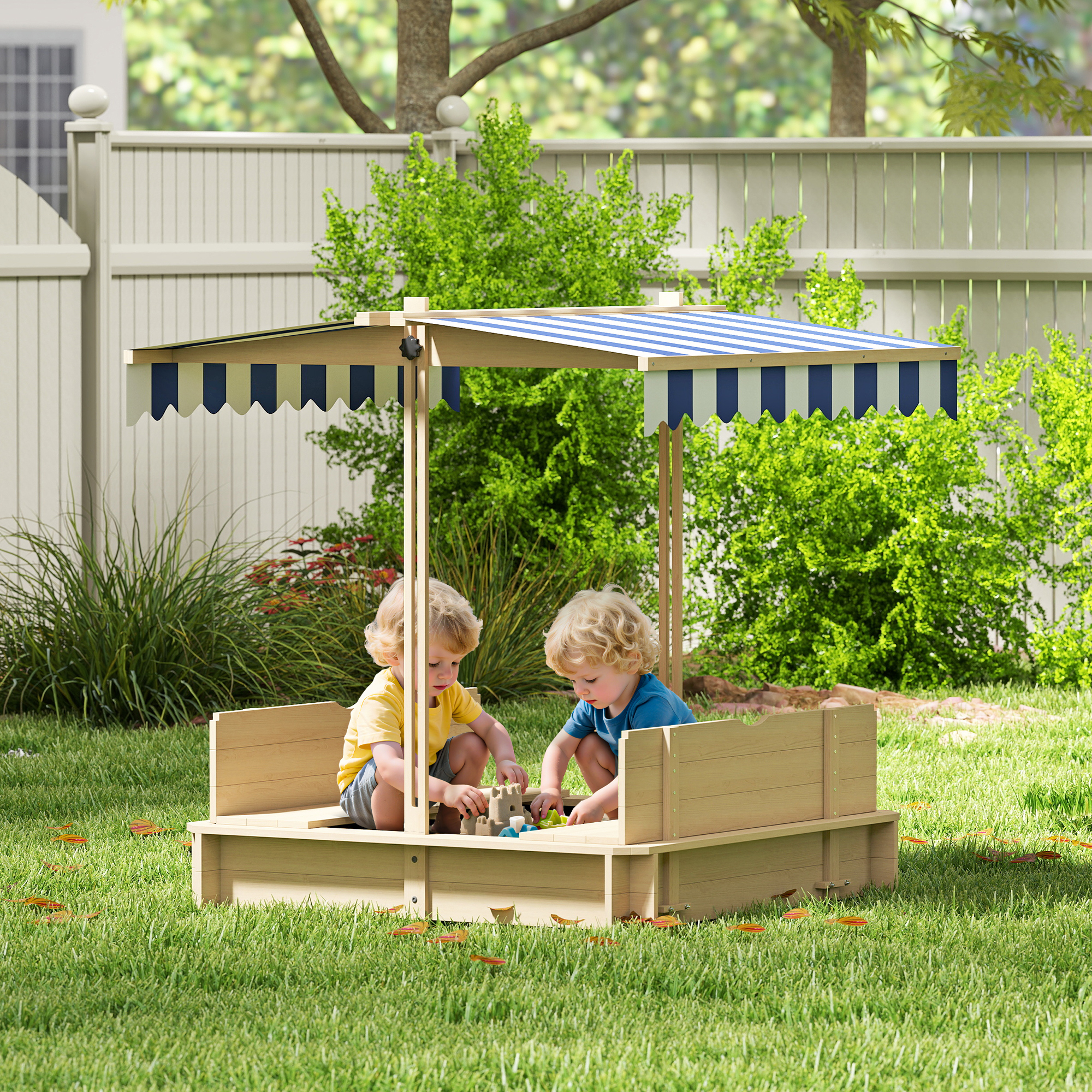 Sandkasten 106x106 cm Kinder Sandbox mit höhenverstellbar Abdeckung, Sandkiste aus Holz mit Sitzbänken Rücklehnen für Outdoor Garten Terrasse Balkon
