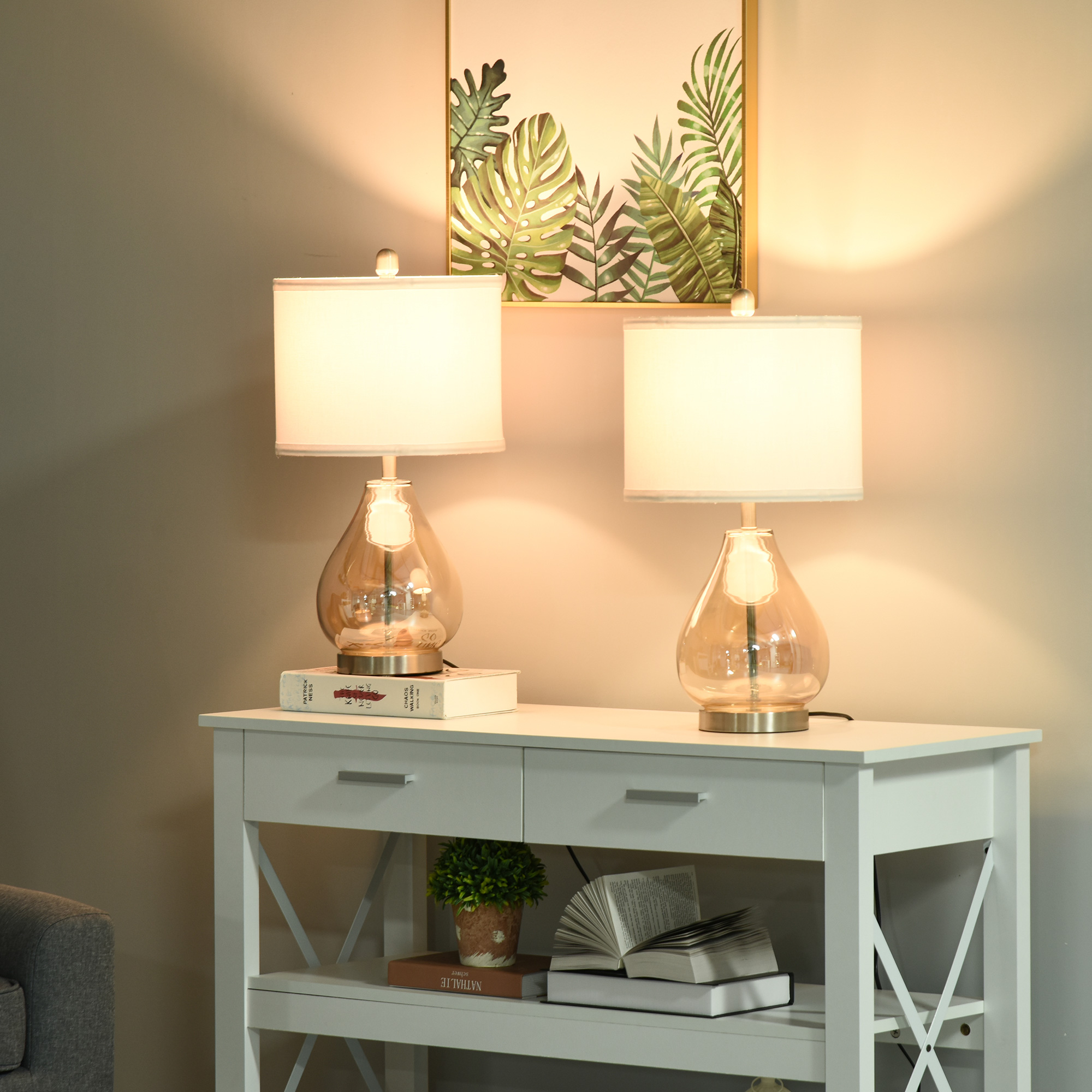 Tischlampe 2er-Set Tischleuchte mit Leinen-Lampenschirm, Glas tropfenförmigen Stangen, Nachttischlampe mit E27-Fassung, für Schlafzimmer, Wohnzimmer, Weiß