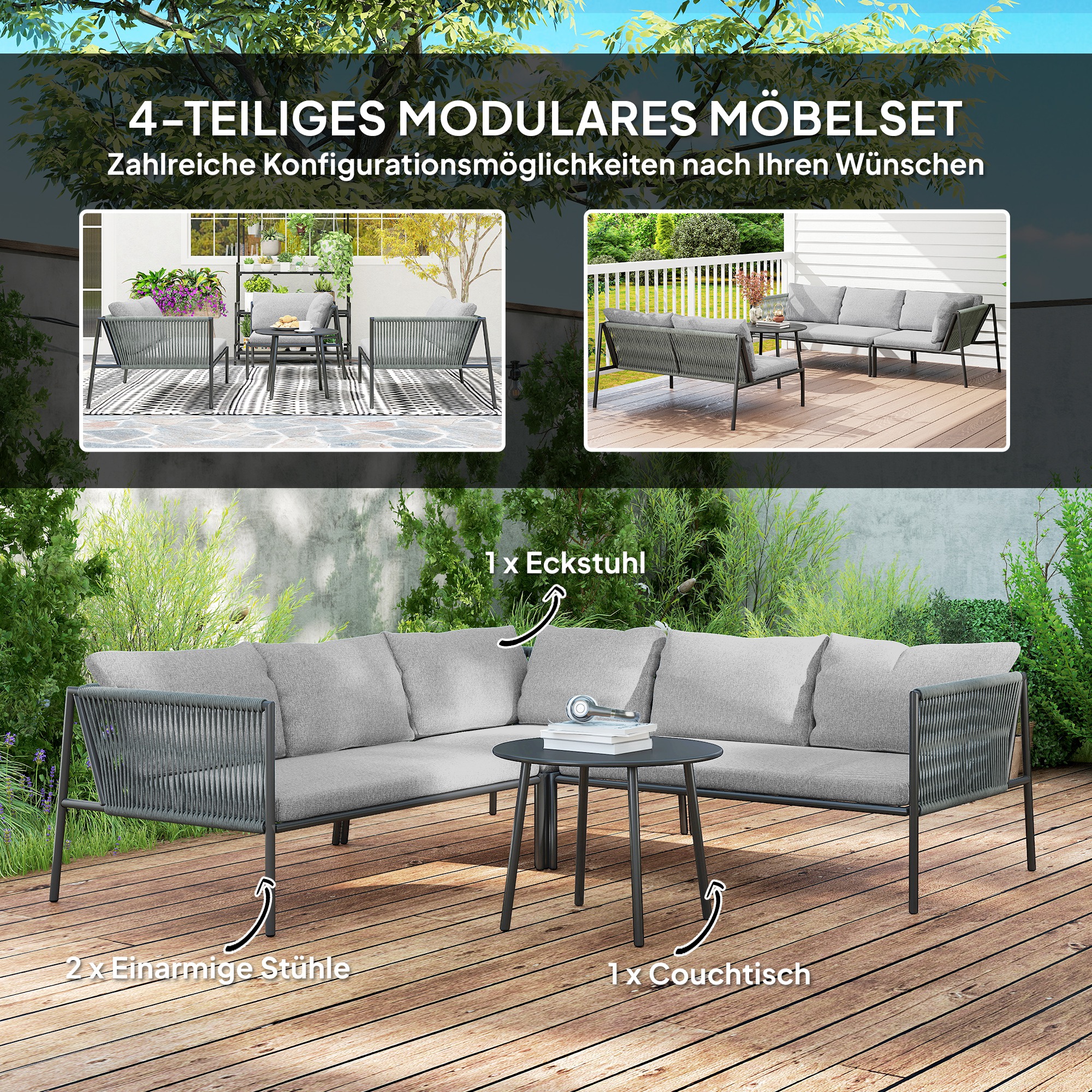 Gartenmöbel Set Polyrattan Lounge-Set mit Ecksofa Tisch Kissen für 6 Personen Dunkelgrau