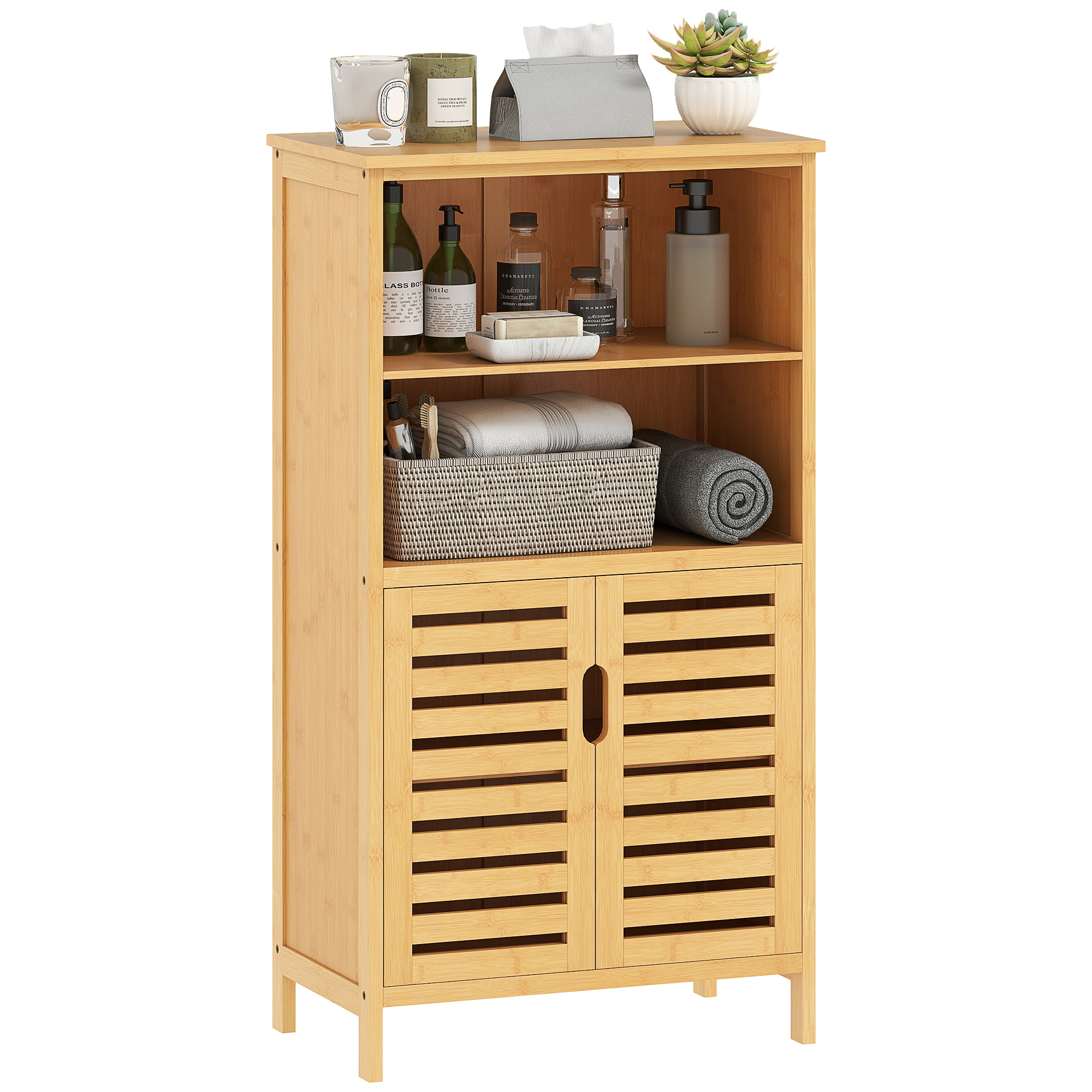 Badezimmerschrank aus Bambus, mit Lamellentüren, 2 Regale, 1 Schrank, 50 cm x 29 cm x 92 cm, Natur