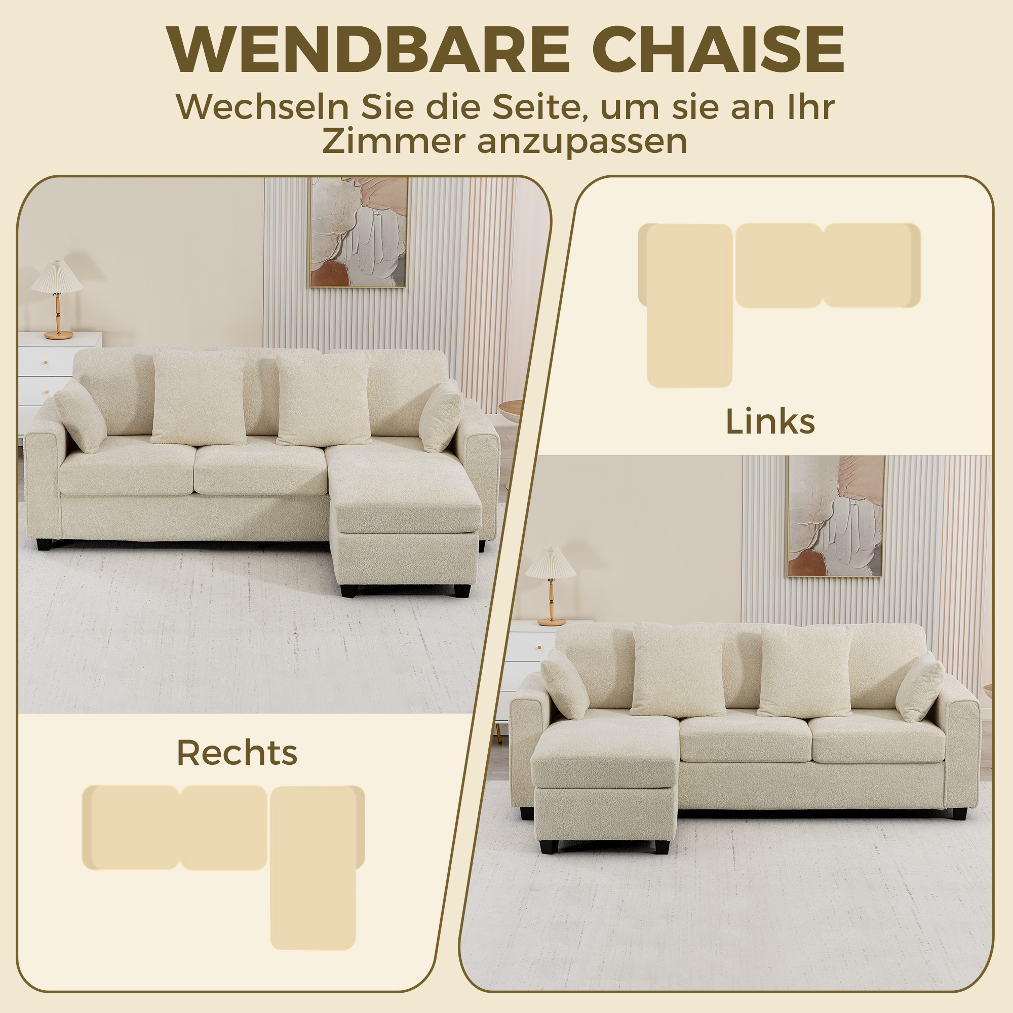 Ecksofa mit umkehrbarer Chaiselongue, 3-Sitzer Sofa mit Samtoptik, breite und tiefe Sitzfläche, Federkissen, Beige