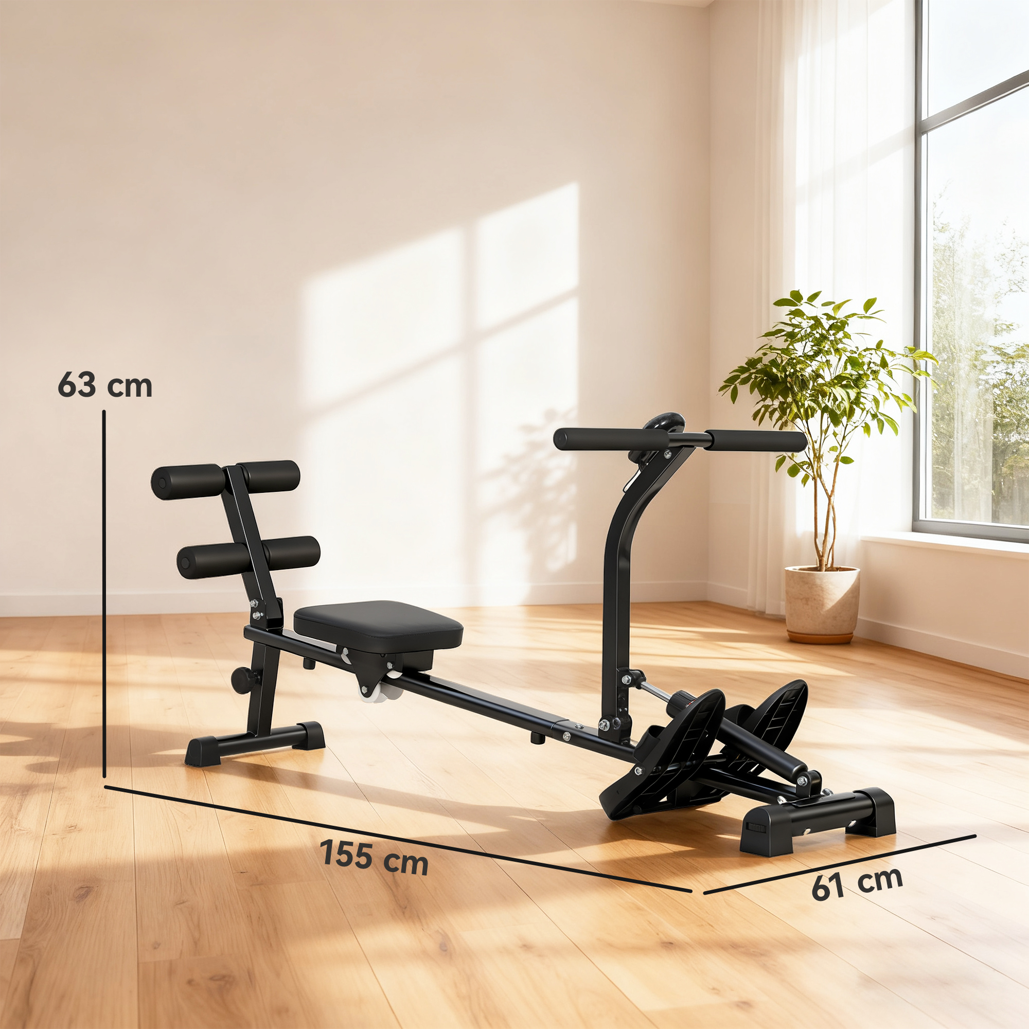 Rudermaschine, Rudergerät für Situps, 12-stufig verstellbar, 2-in-1 Kardiogerät, LCD-Anzeige, Stahl, Kunststoff, Schwarz